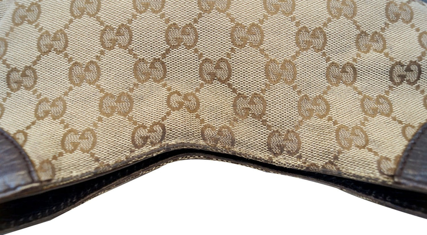 Gucci GG Canvas Beige Ebony Signature Hasler Horsebit Shoulder Bag