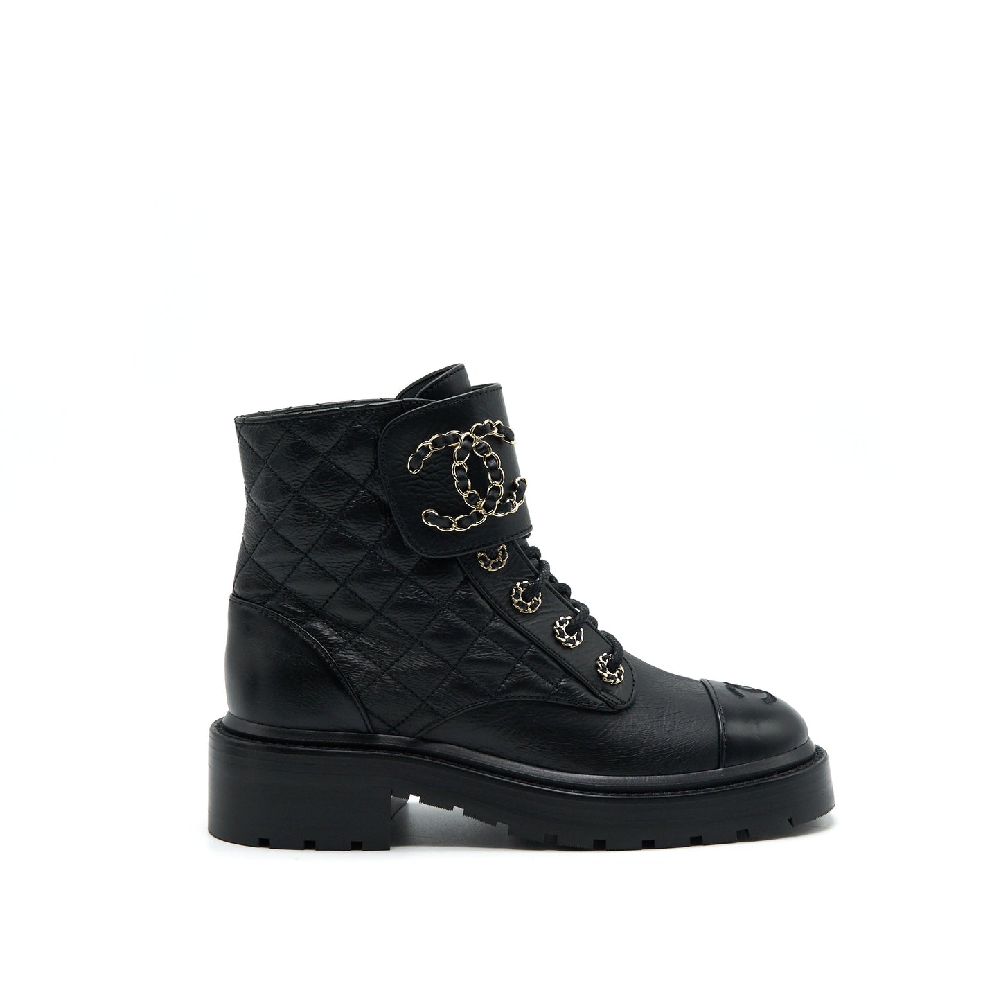 CHANEL LEATHER LACE UP BOOTS BLACK SIZE35