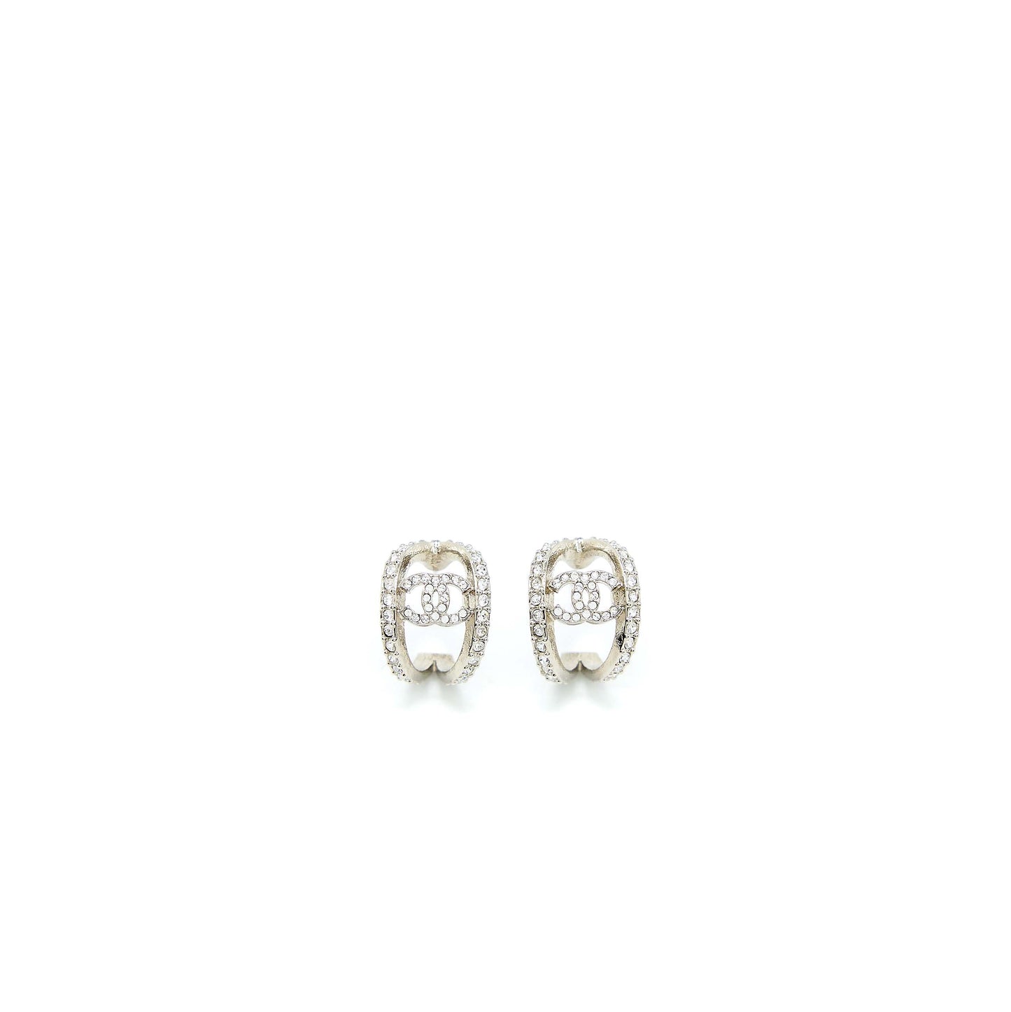 Chanel CC Logo Earring With Full Crystals Silver Tone