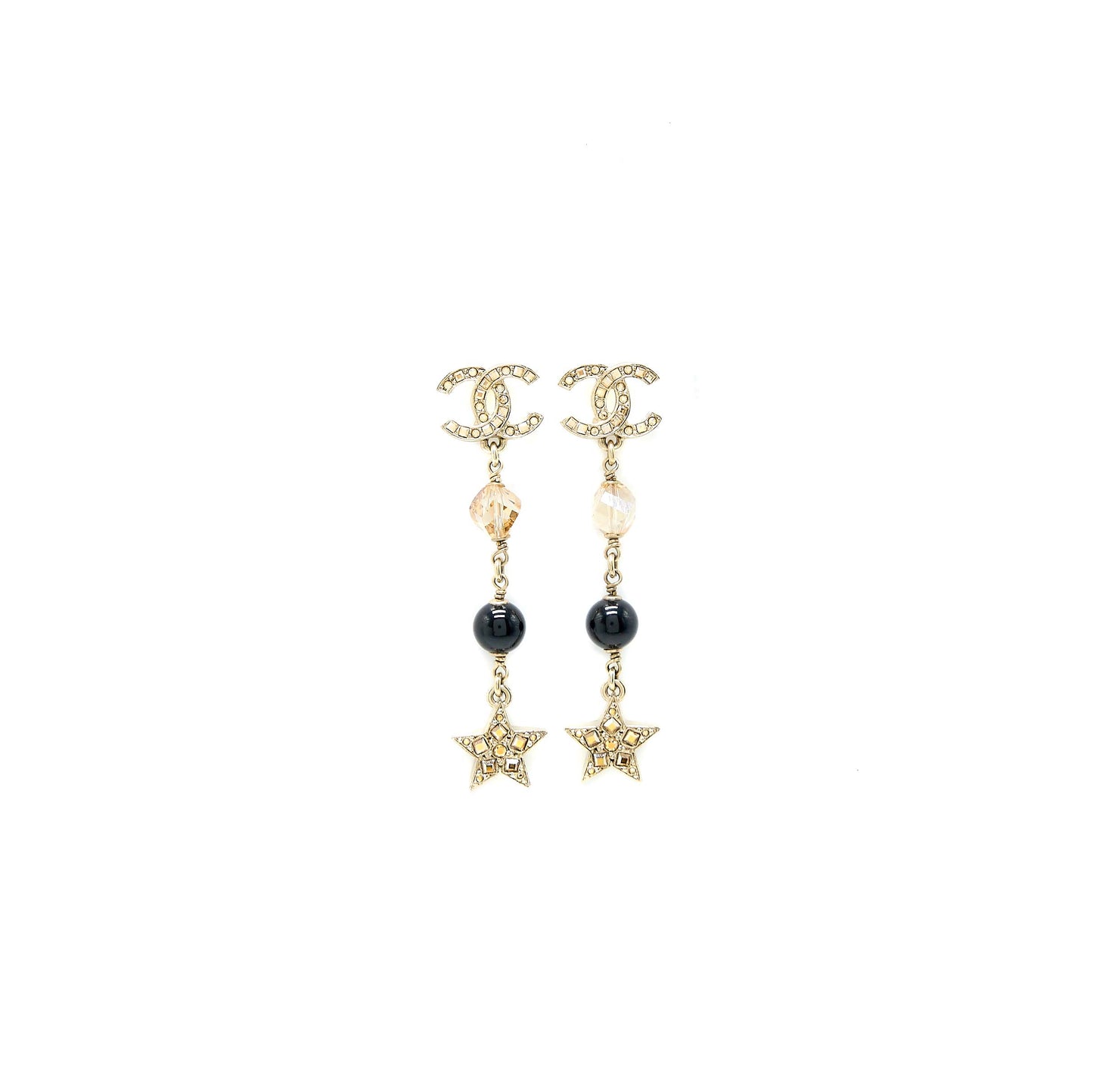 Chanel CC Logo With Crystals Star Drop Earring Light Gold Tone