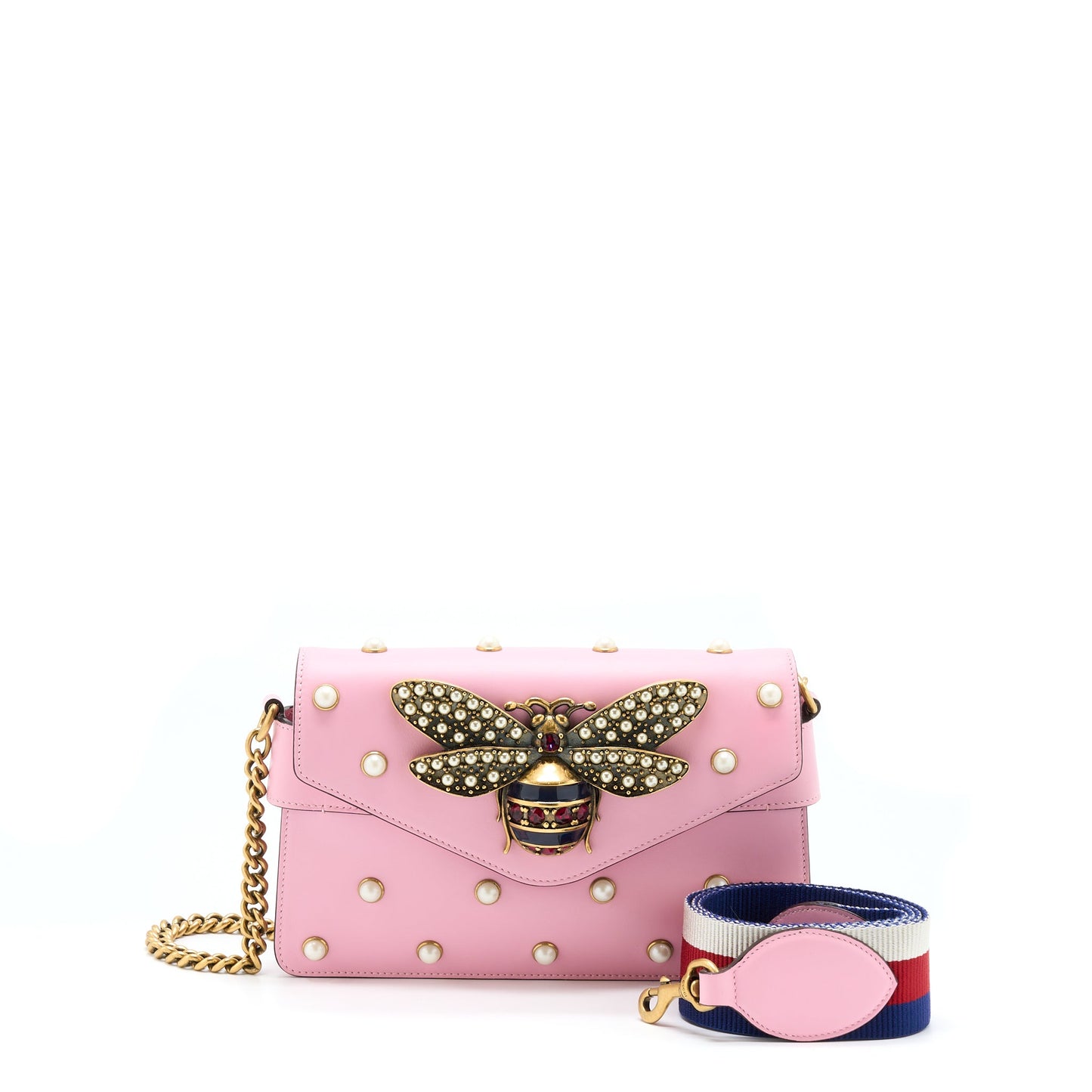 Gucci Pearl Studded Mini Broadway Bee Shoulder Bag Pink