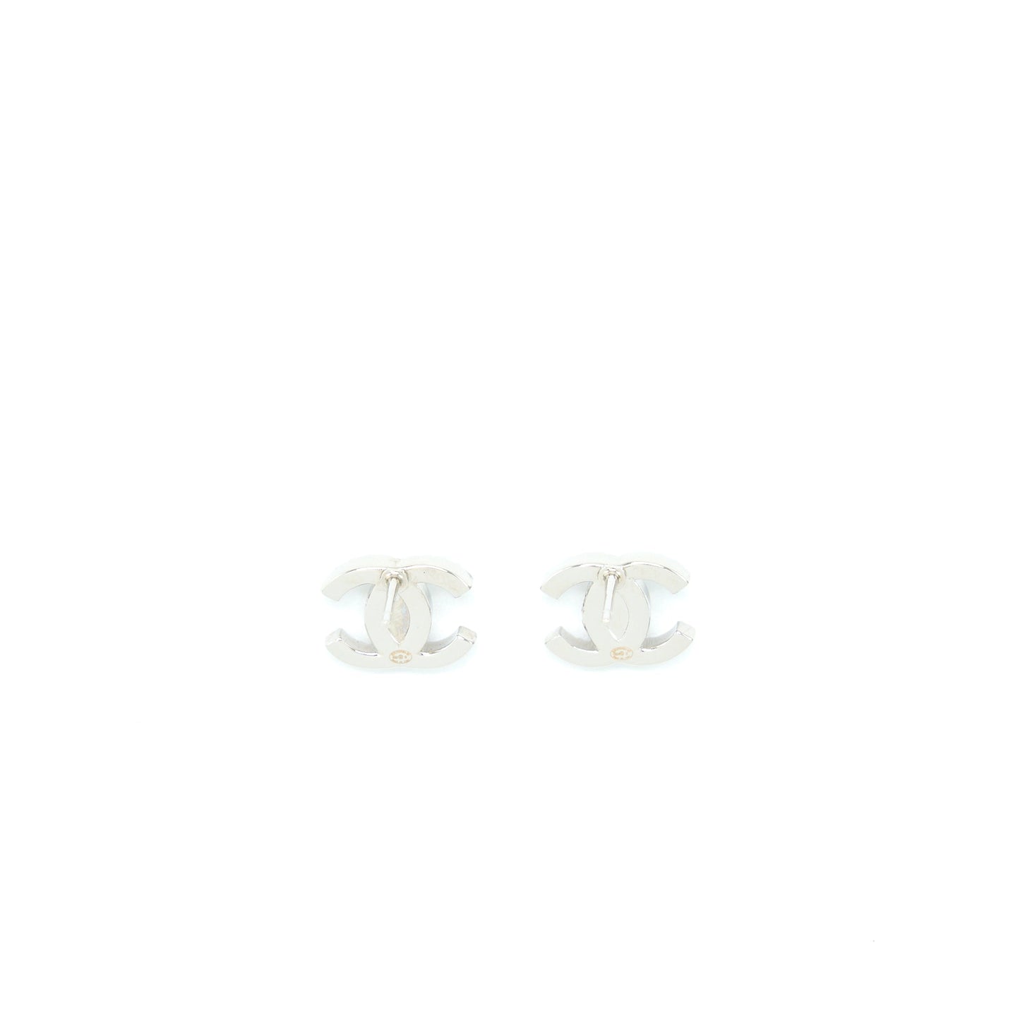 Chanel Mini CC Logo Earrings Silver Tone