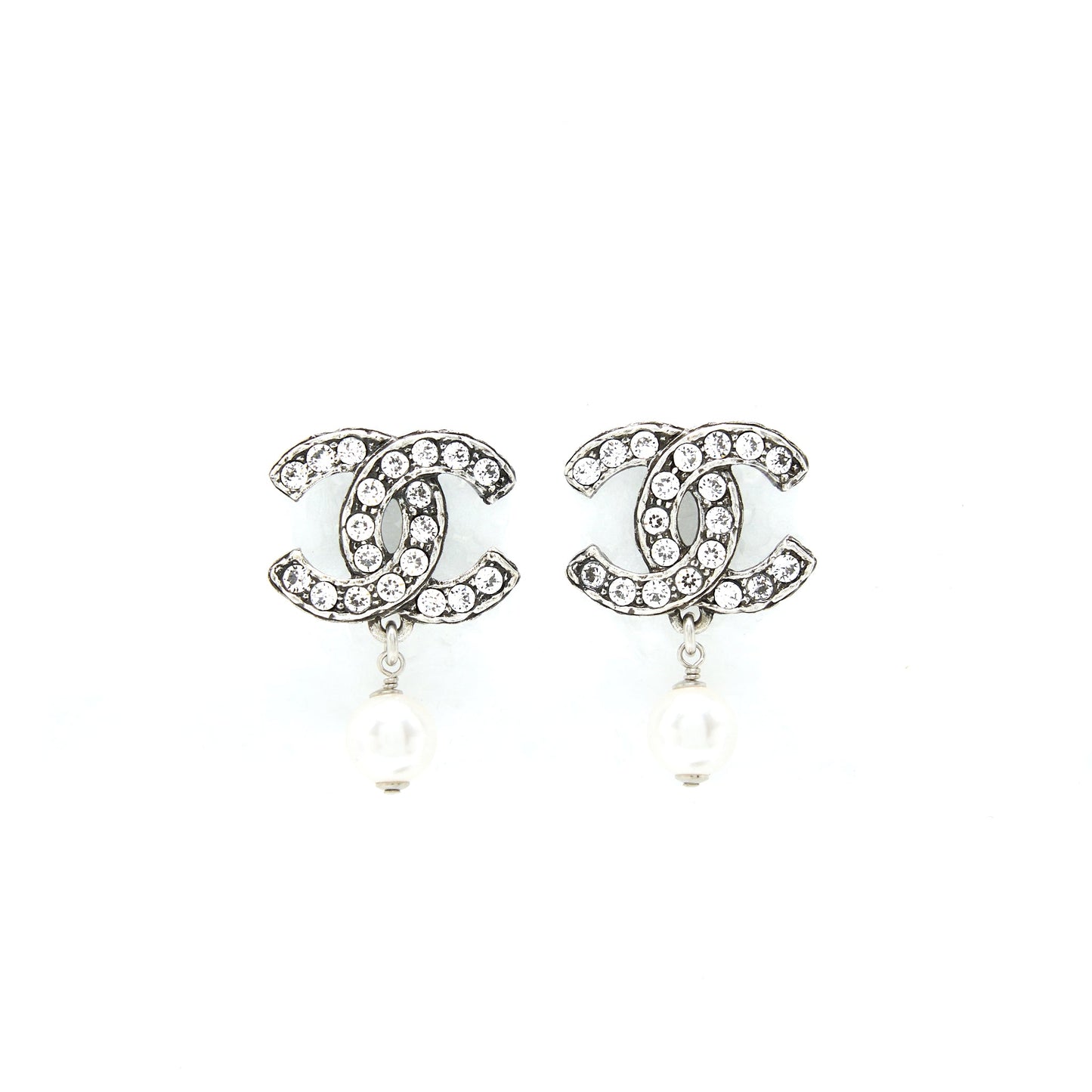Chanel Crystal CC Earrings With Dropping Pearl