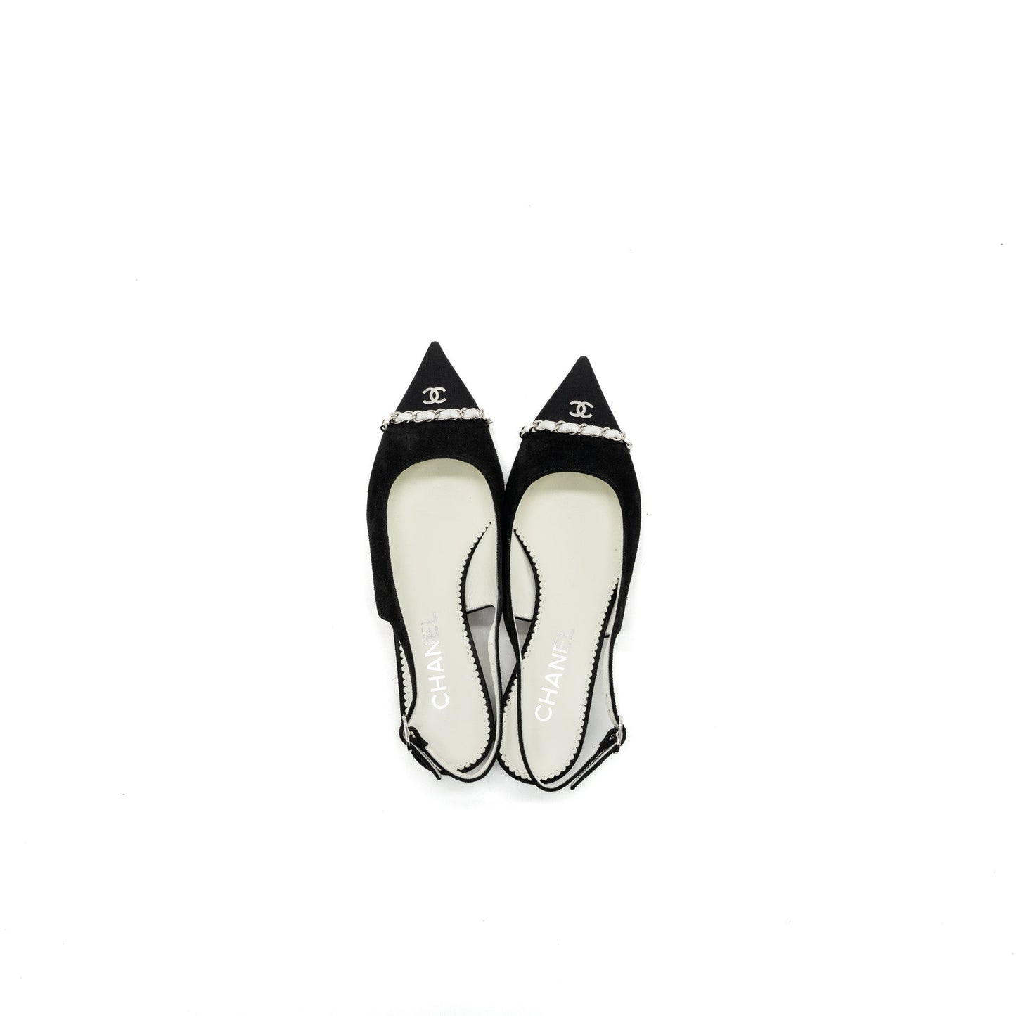 CHANEL SIZE 36 SLINGS SHOES Suede Calfskin/ Grosgrain Metal Black and Light Grey