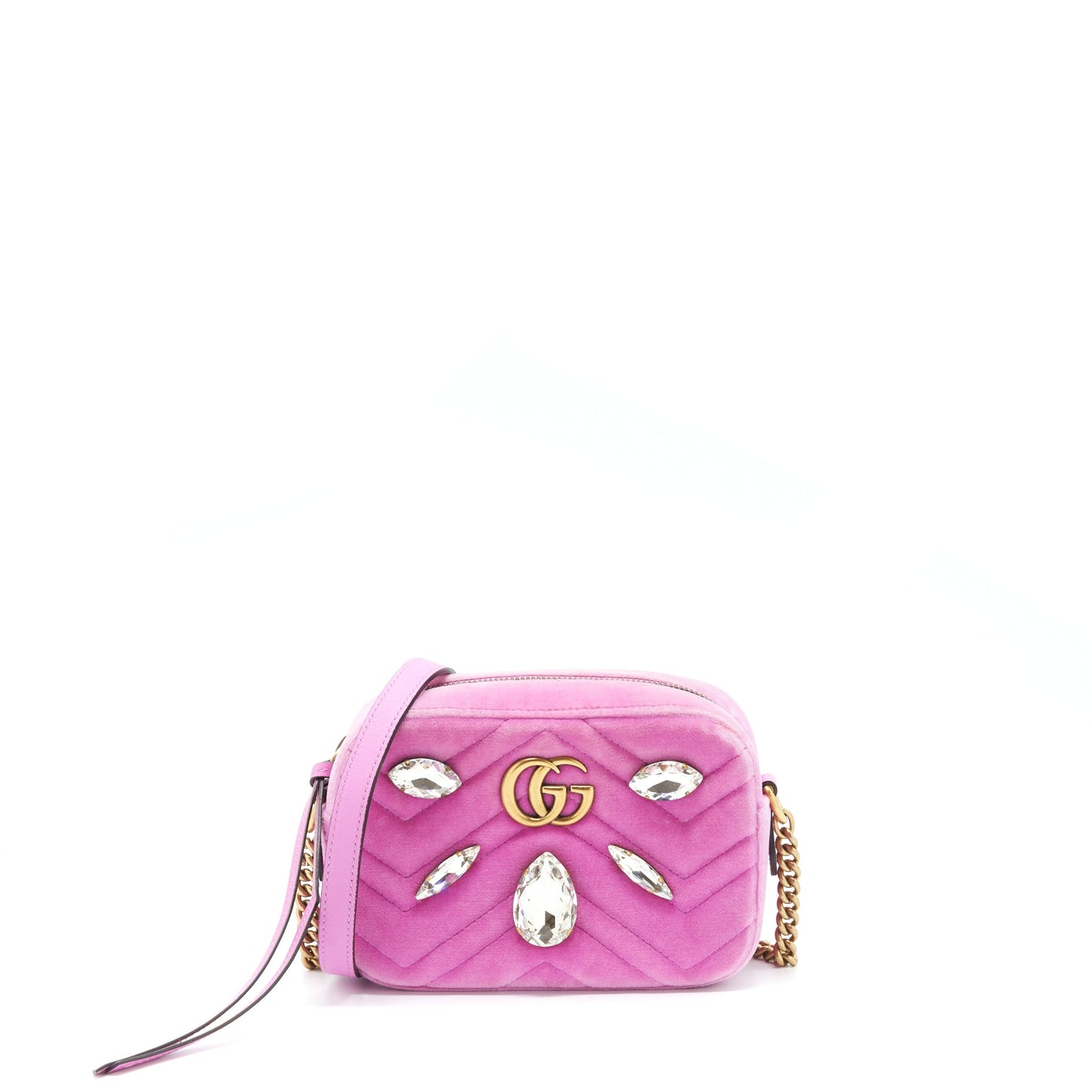 Gucci GG Marmont Camera Bag Velvet Pink With Crystal