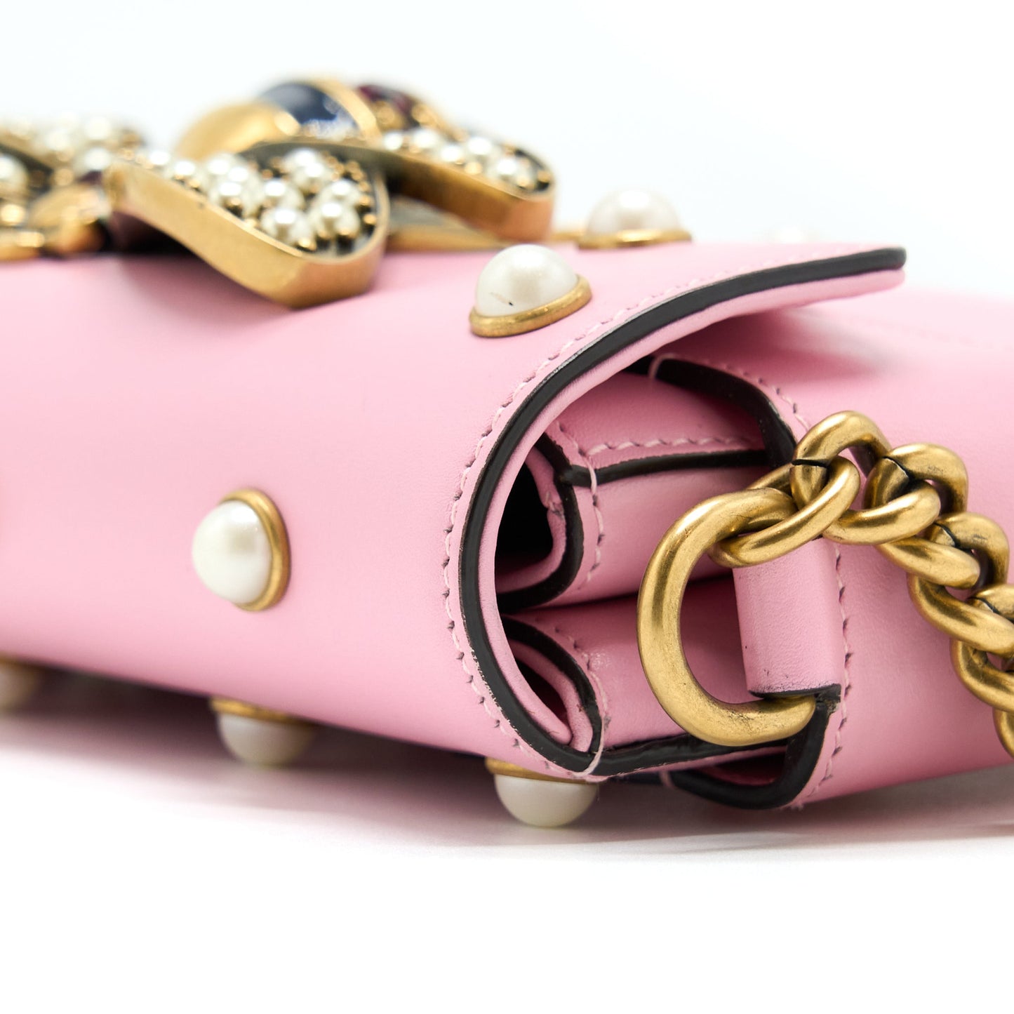 Gucci Pearl Studded Mini Broadway Bee Shoulder Bag Pink