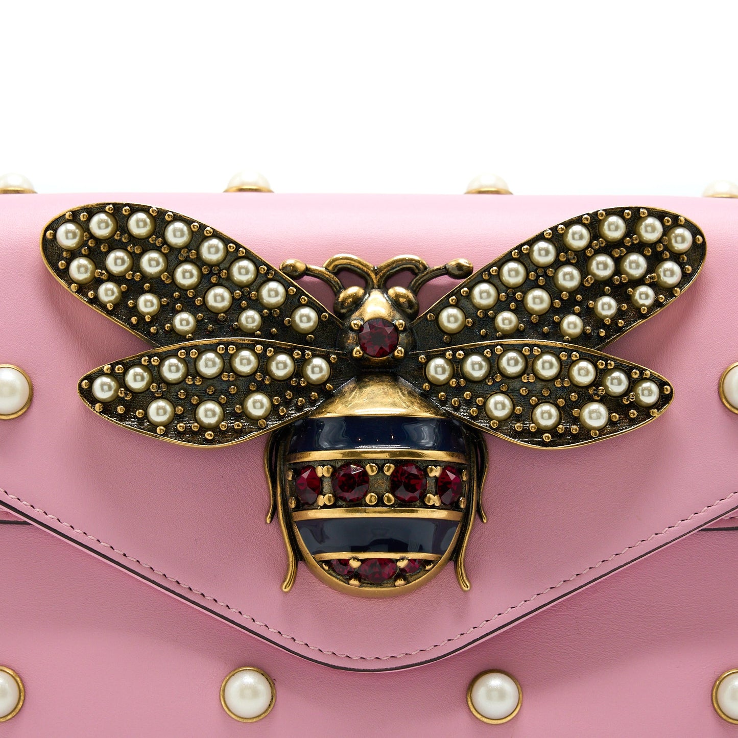 Gucci Pearl Studded Mini Broadway Bee Shoulder Bag Pink