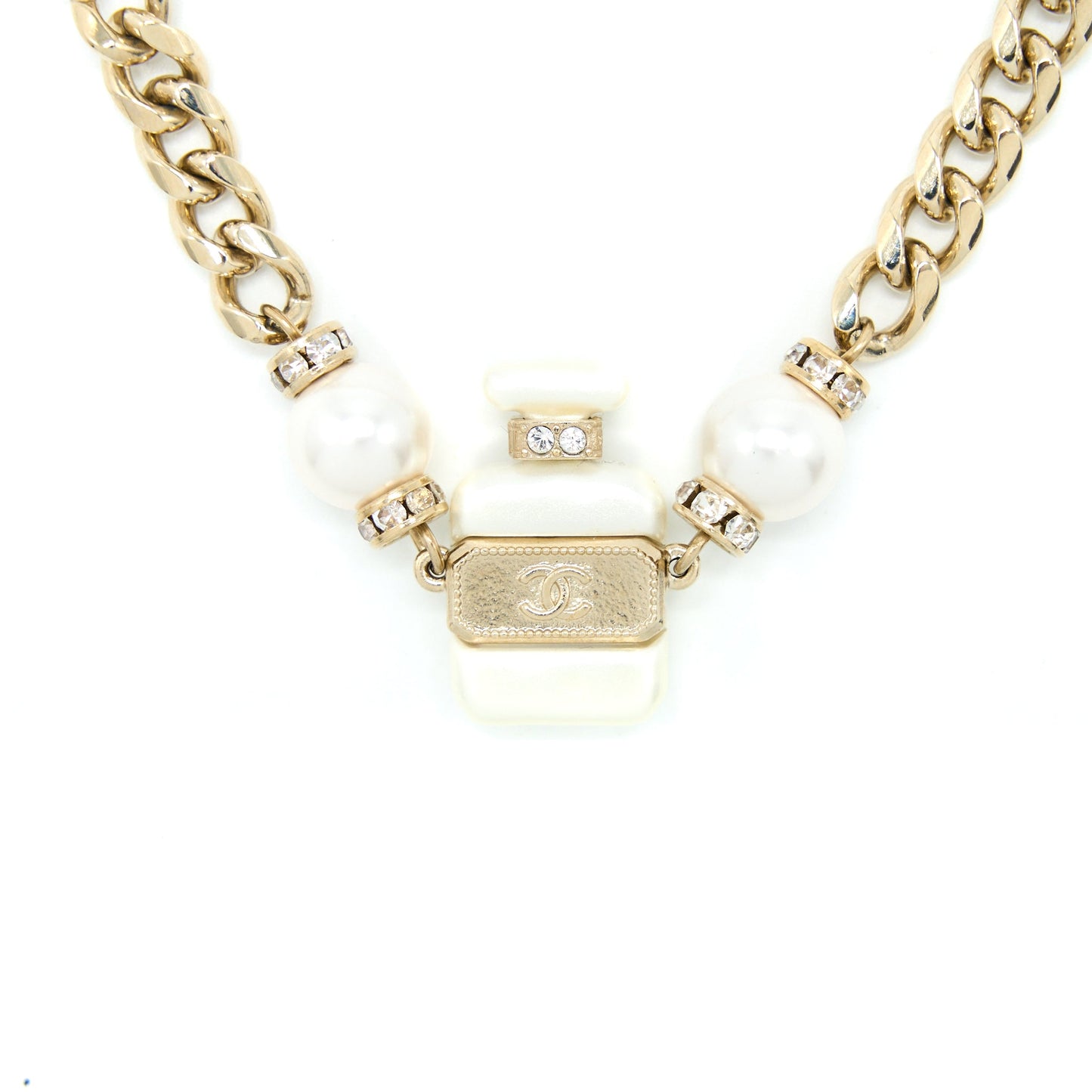Chanel No.5 Perfume Bottle Chocker/ Necklace Crystal/Pearl Light Gold Tone