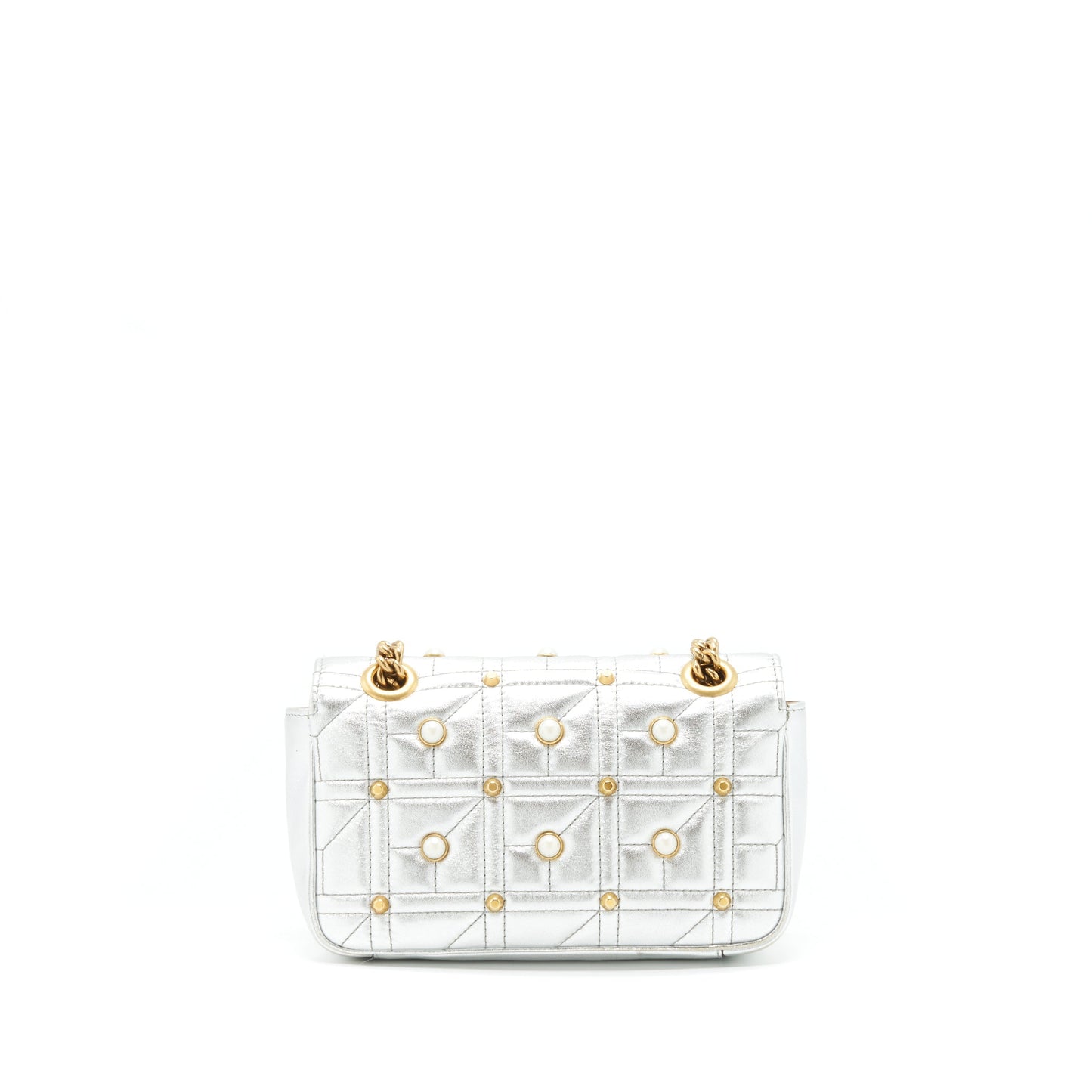 Gucci Mini GG Marmont Flap Bag Limited Edition Silver With Pearl/Gold Hardware