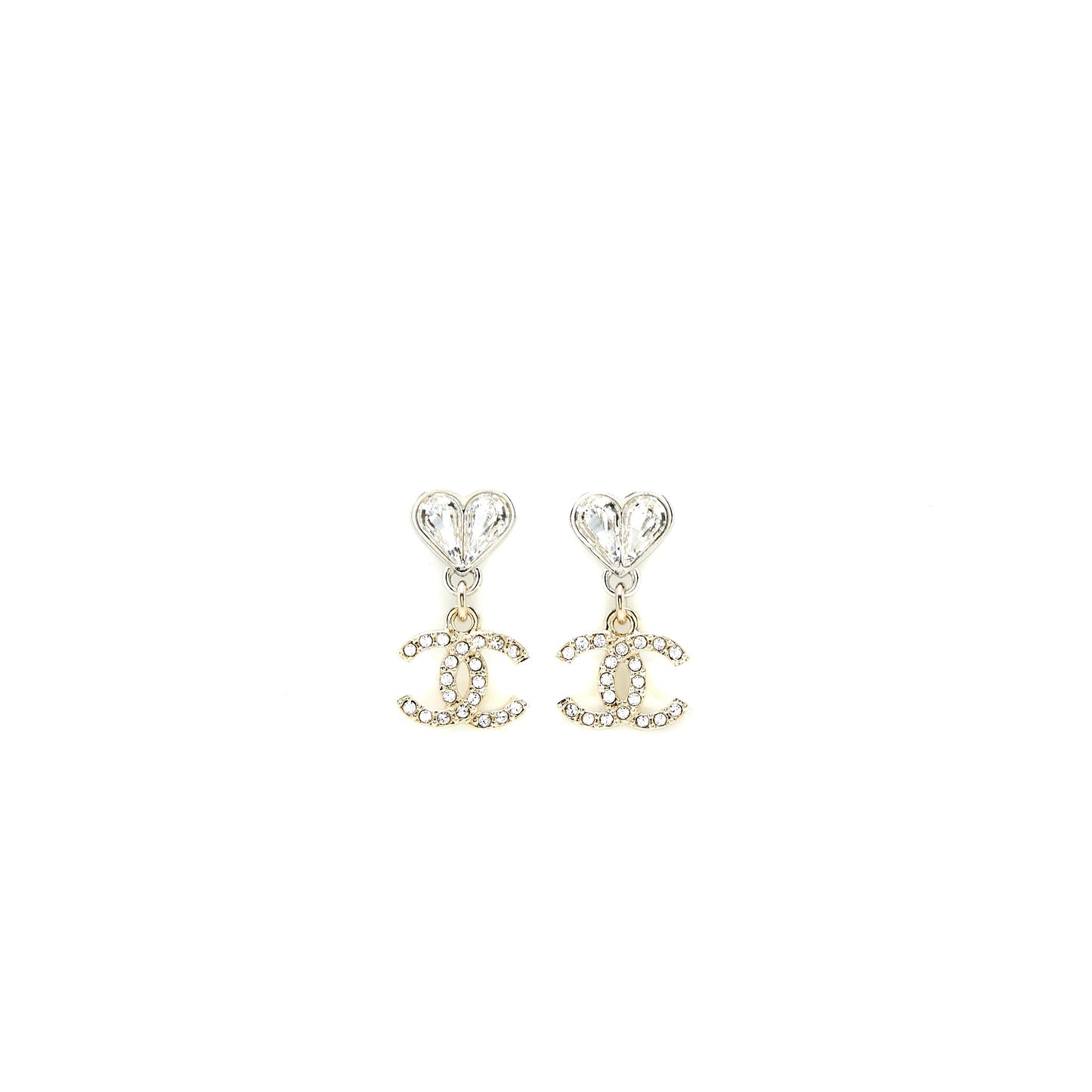 Chanel Heart & CC Drop Earrings Crystal Silver Tone