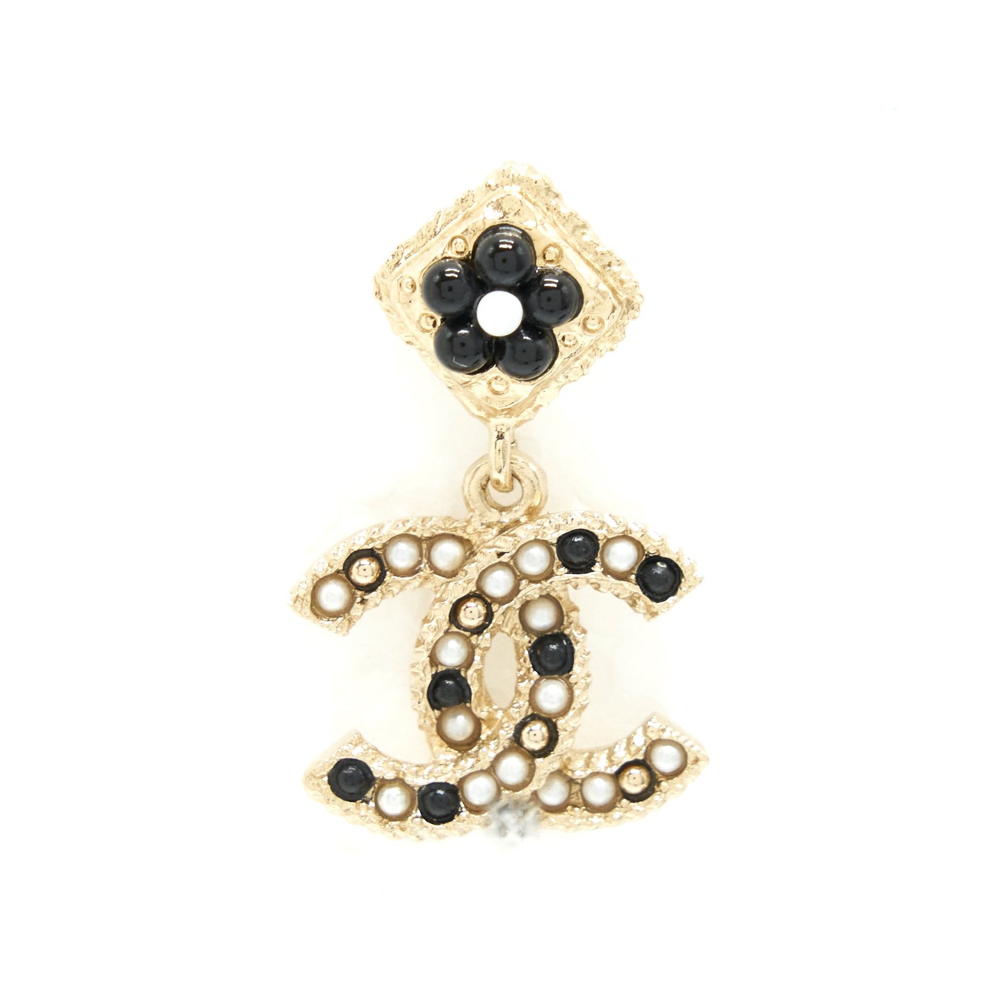 Chanel CC Logo With Flower Black And White Drop Earrings