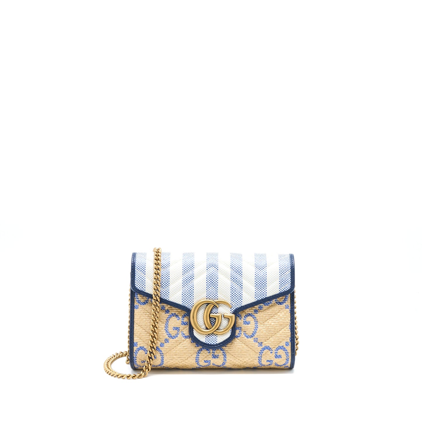 Gucci GG Marmont Flap Bag Matelasse Raffia Blue/Multicolour Brushed