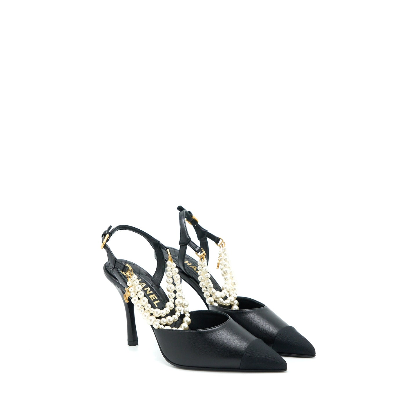 Chanel Size 39 Heel with Pearl Leather/Fabric Black