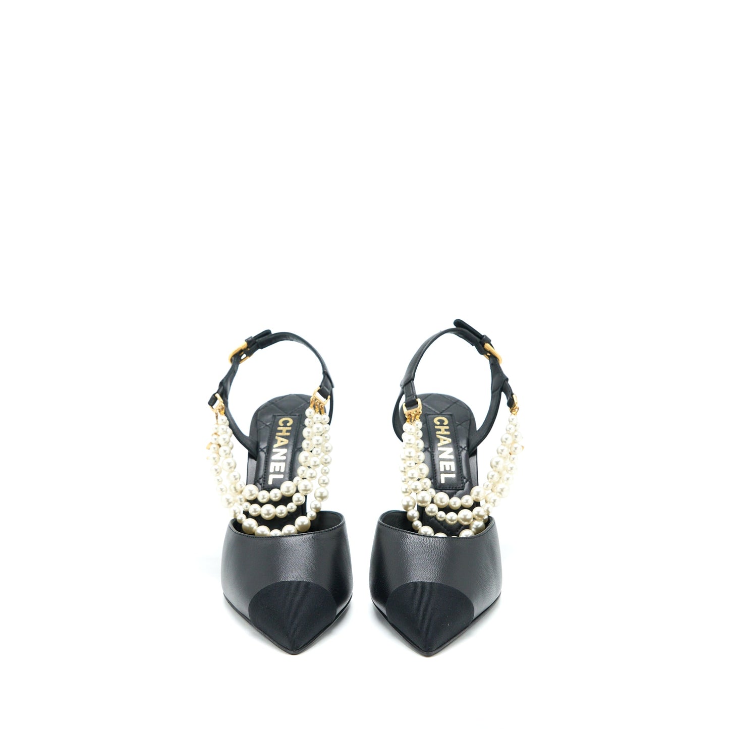 Chanel Size 39 Heel with Pearl Leather/Fabric Black