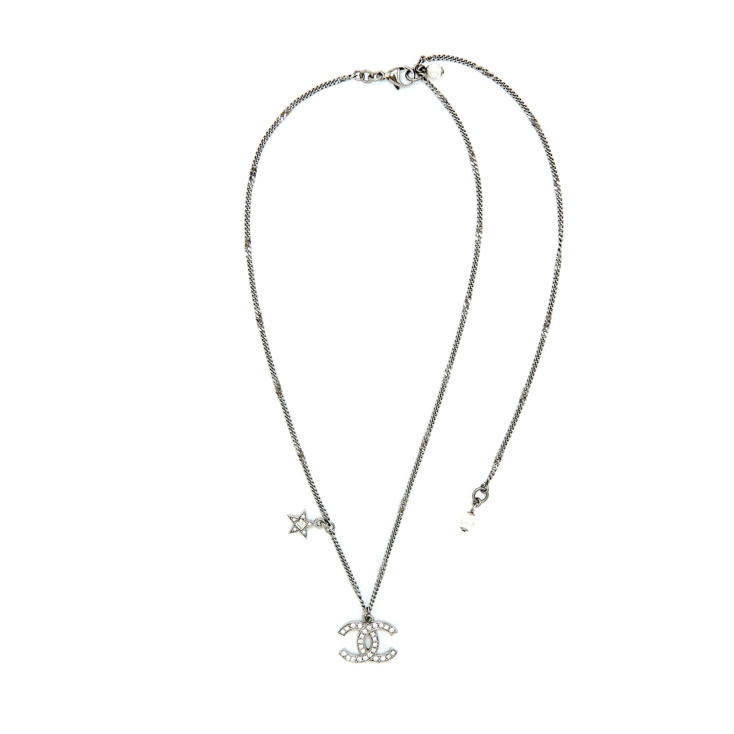 Chanel CC Logo And A Star Necklace Silver Tone
