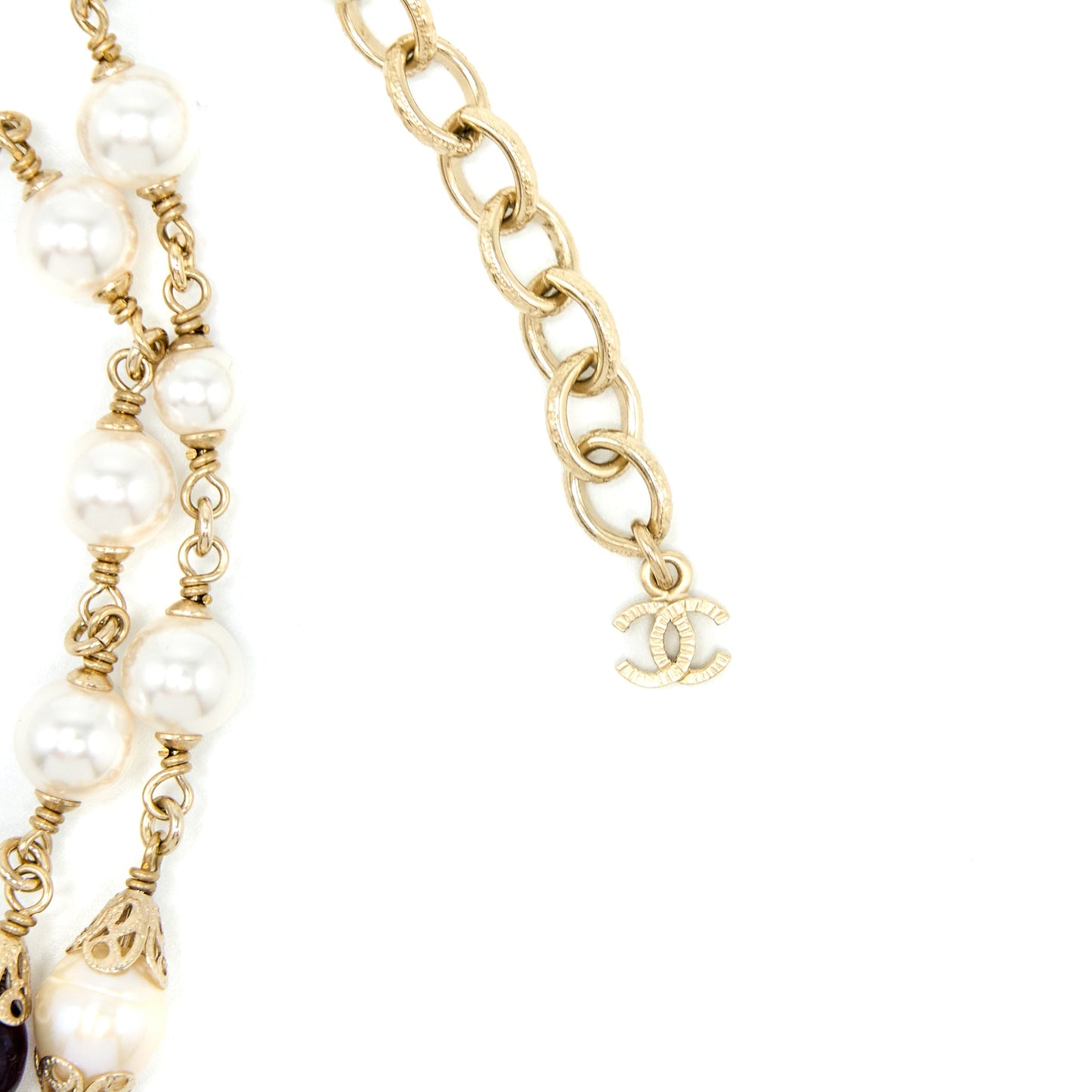 Chanel Pearl / Crystal With Large CC Logo Drop Necklace Light Gold Tone