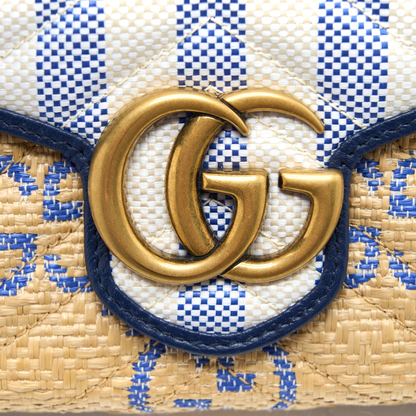 Gucci GG Marmont Flap Bag Matelasse Raffia Blue/Multicolour Brushed