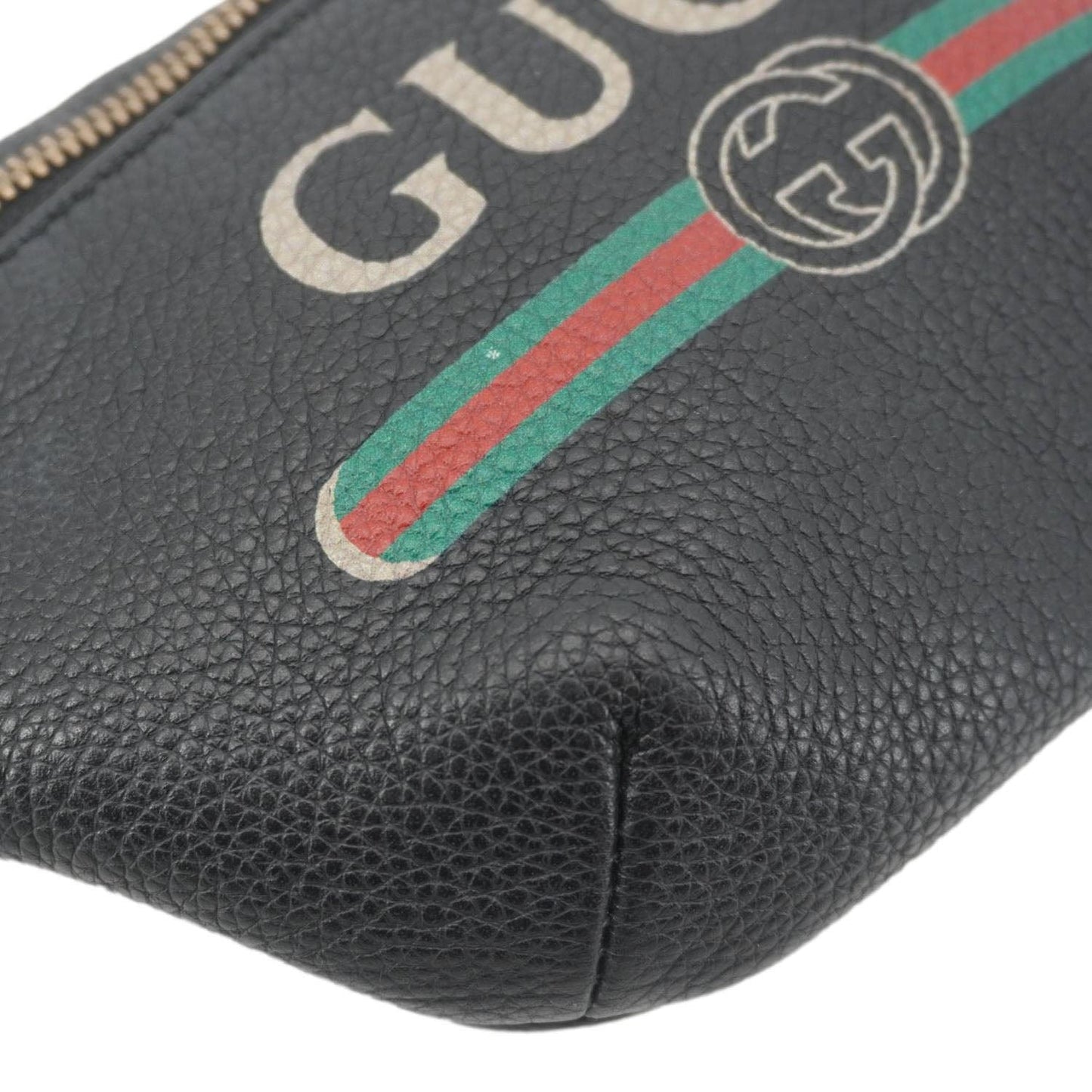 GUCCI Logo Print Small Grained Calfskin Leather Belt Bag Black 527792