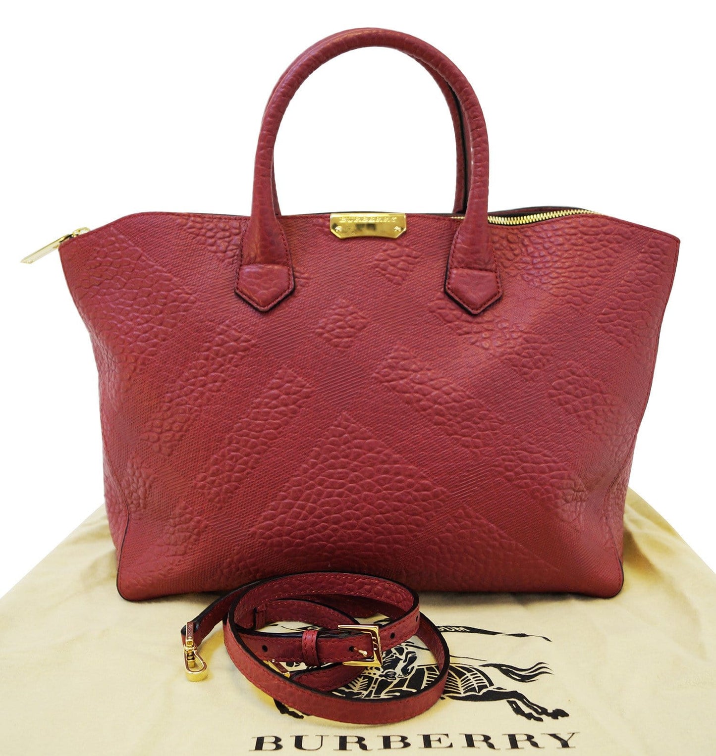 Burberry Dewsbury Red Leather Medium Check Tote Bag
