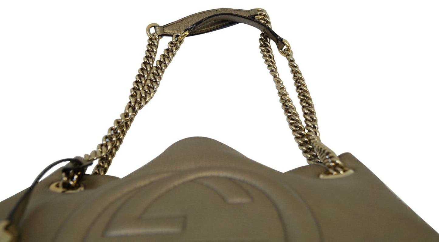 GUCCI Gold Pebbled Leather Soho Chain Tote Bag