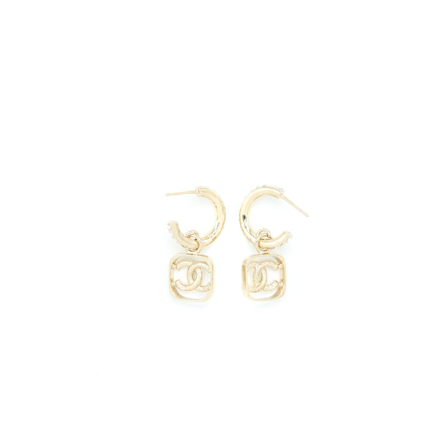 Chanel 23P Square CC Logo Drop Earrings Crystal Light Gold Tone