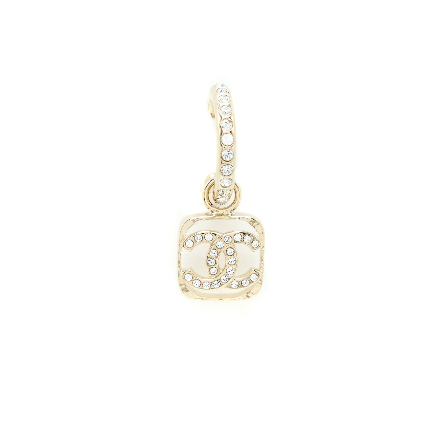 Chanel 23P Square CC Logo Drop Earrings Crystal Light Gold Tone