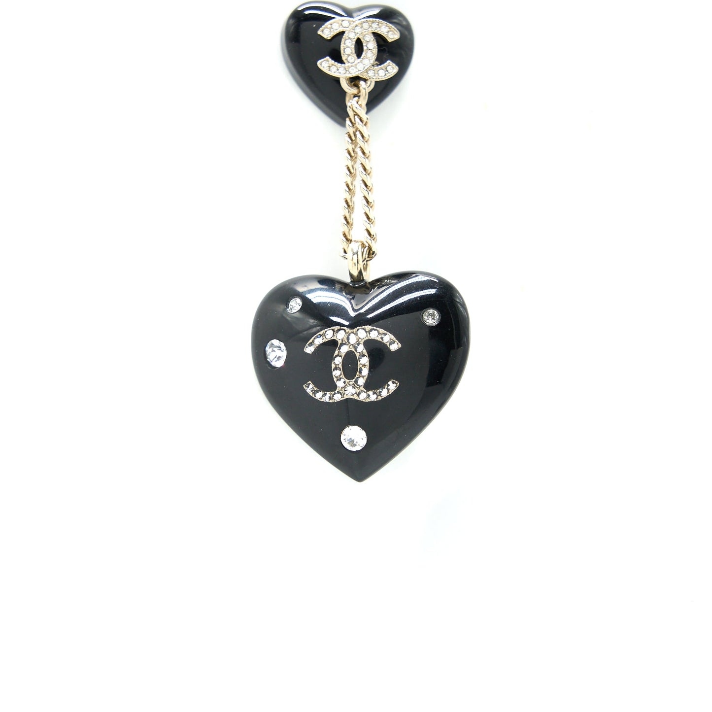 Chanel Double Heart Drop Earrings Crystal Black Silver Tone