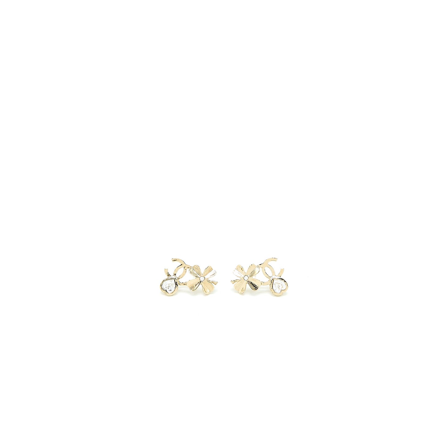 Chanel 22S CC Logo Flower Earrings Crystal Light Gold Tone