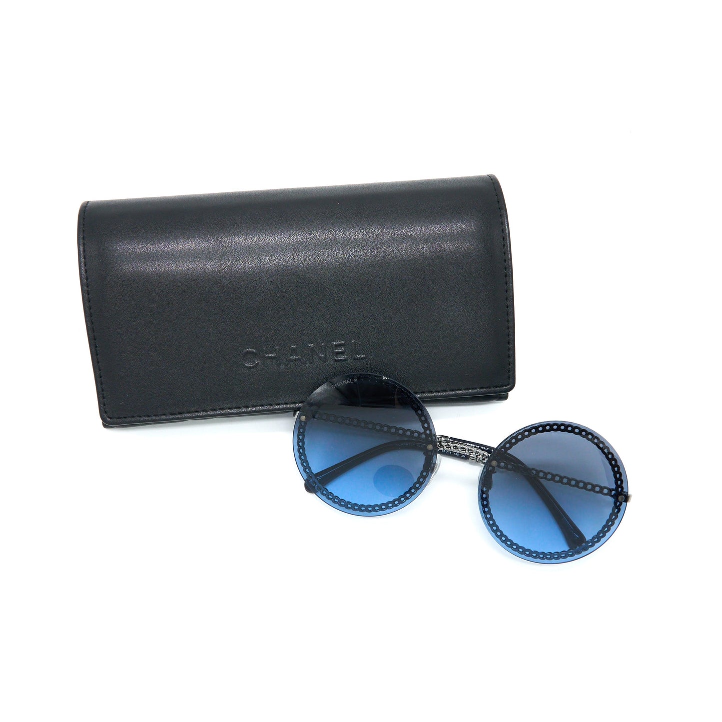 Chanel 4245 Round Sunglasses Leather Chain Dark Blue