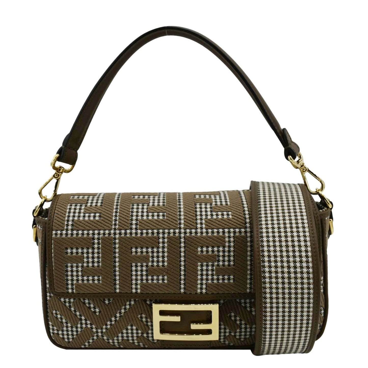 FENDI Houndstooth Baguette Zucca Wool Medium Shoulder Bag Olive