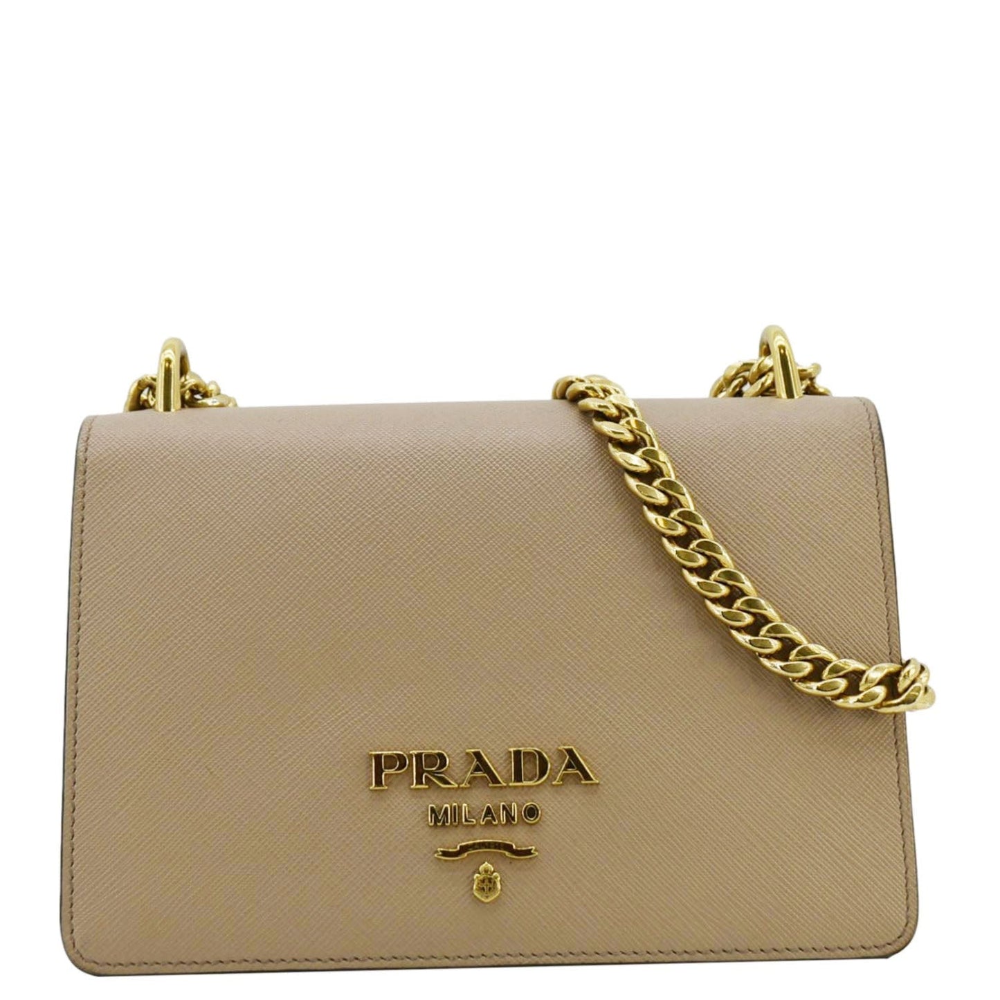 PRADA Soft Saffiano Leather Chain Crossbody Bag Beige