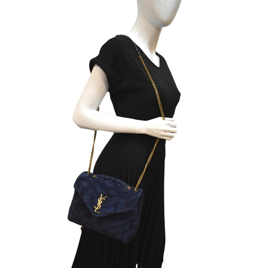 YVES SAINT LAURENT Small Loulou Velvet Shoulder Bag Blue