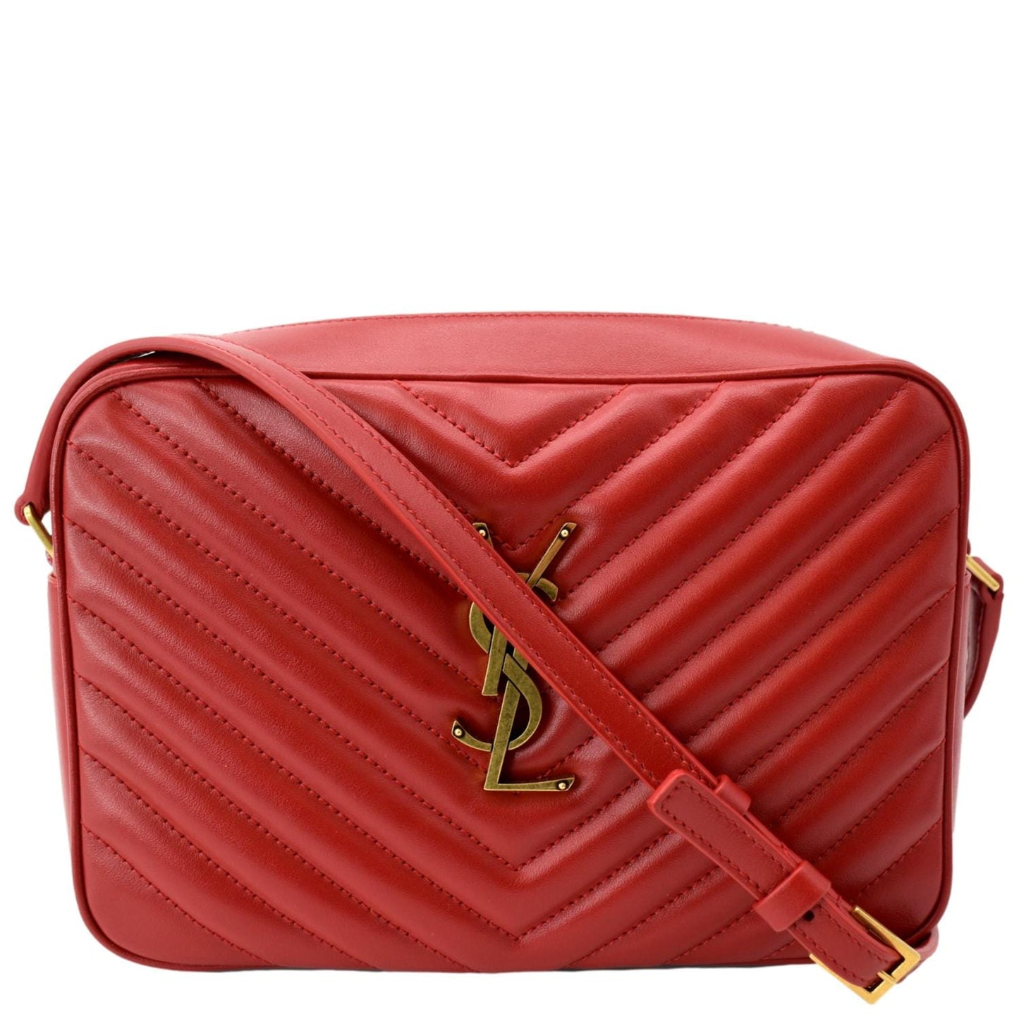 YVES SAINT LAURENT Lou Chevron Leather Camera Crossbody Bag Red