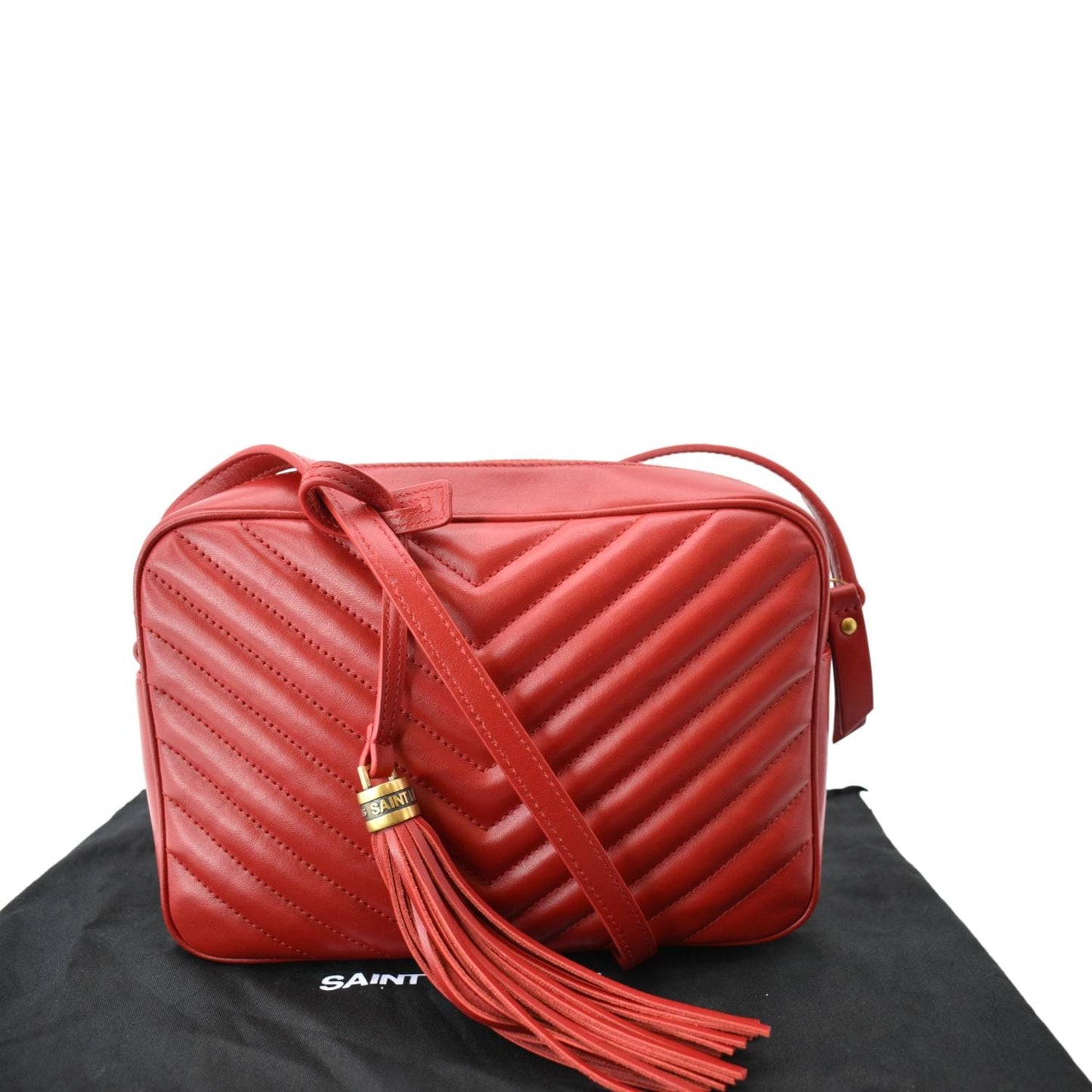 YVES SAINT LAURENT Lou Chevron Leather Camera Crossbody Bag Red