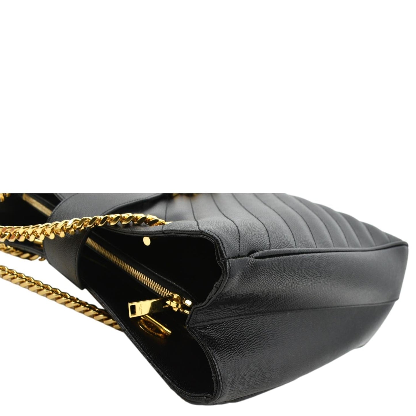 YVES SAINT LAURENT Chevron Leather Shopping Tote Shoulder Bag Black