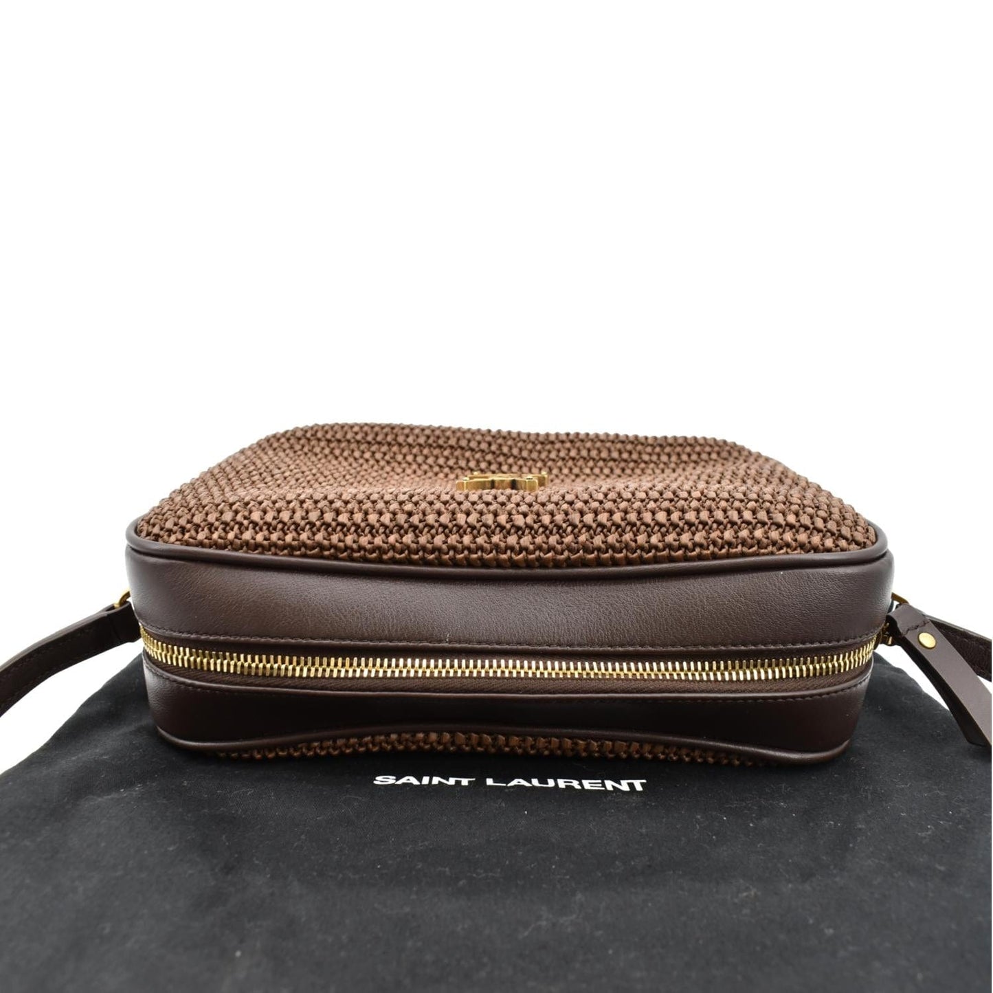 YVES SAINT LAURENT Lou Camera Raffia Canvas Crossbody Bag Brown