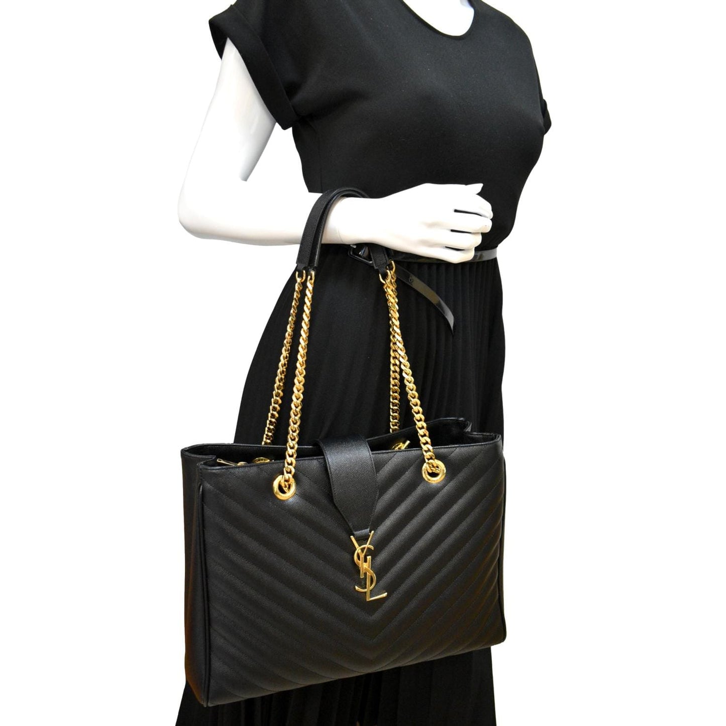 YVES SAINT LAURENT Chevron Leather Shopping Tote Shoulder Bag Black