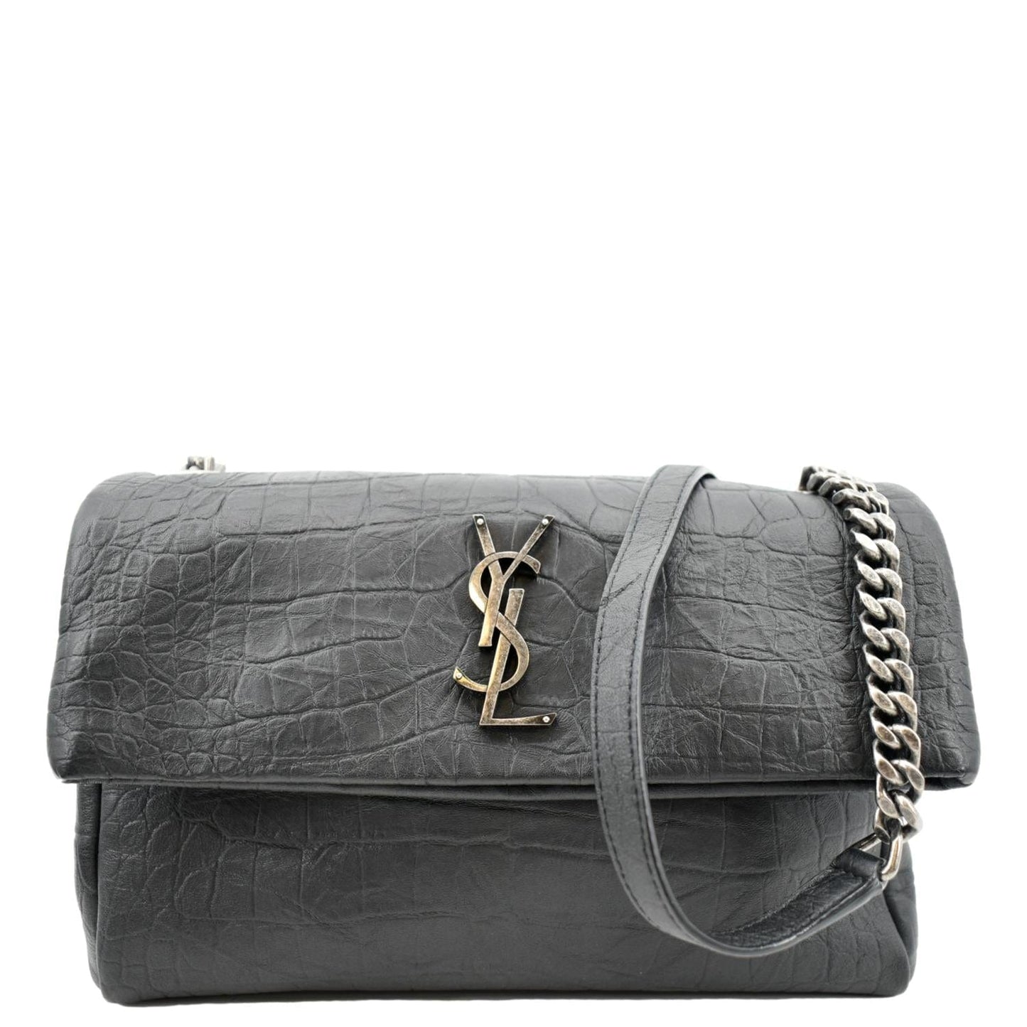 YVES SAINT LAURENT West Hollywood Fold-Over Croc Embossed Crossbody Bag Black