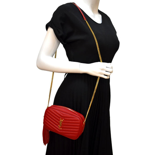 YVES SAINT LAURENT Lou Chevron Leather Camera Crossbody Bag Red