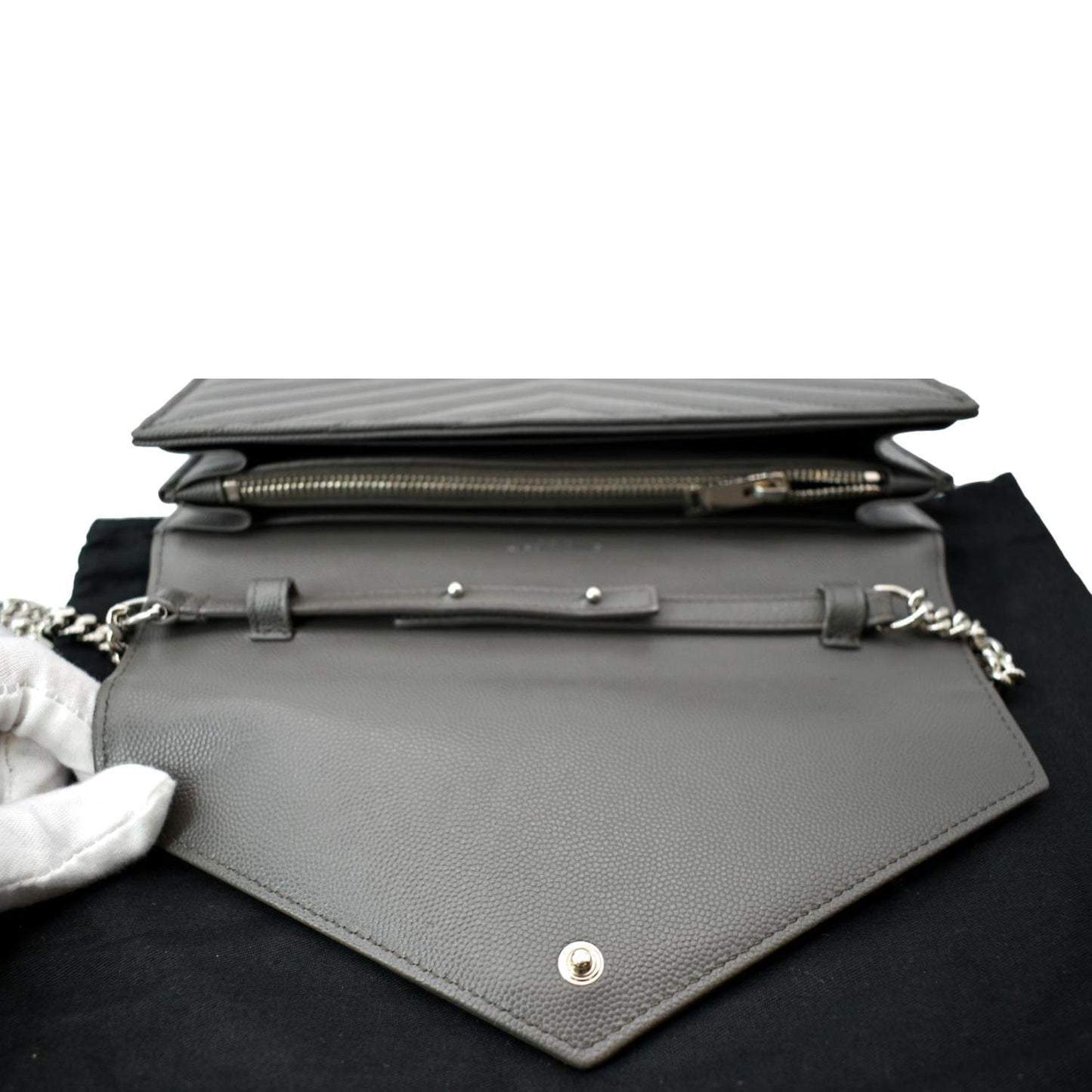 YVES SAINT LAURENT Cassandre Leather Chain Wallet Grey