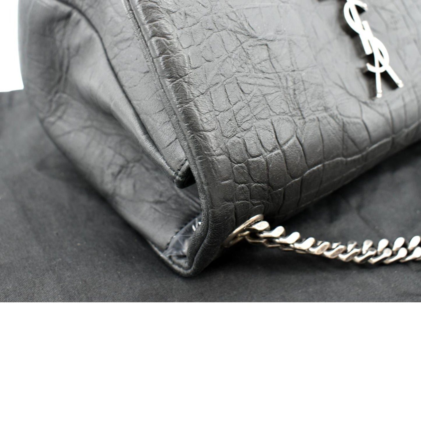 YVES SAINT LAURENT West Hollywood Fold-Over Croc Embossed Crossbody Bag Black