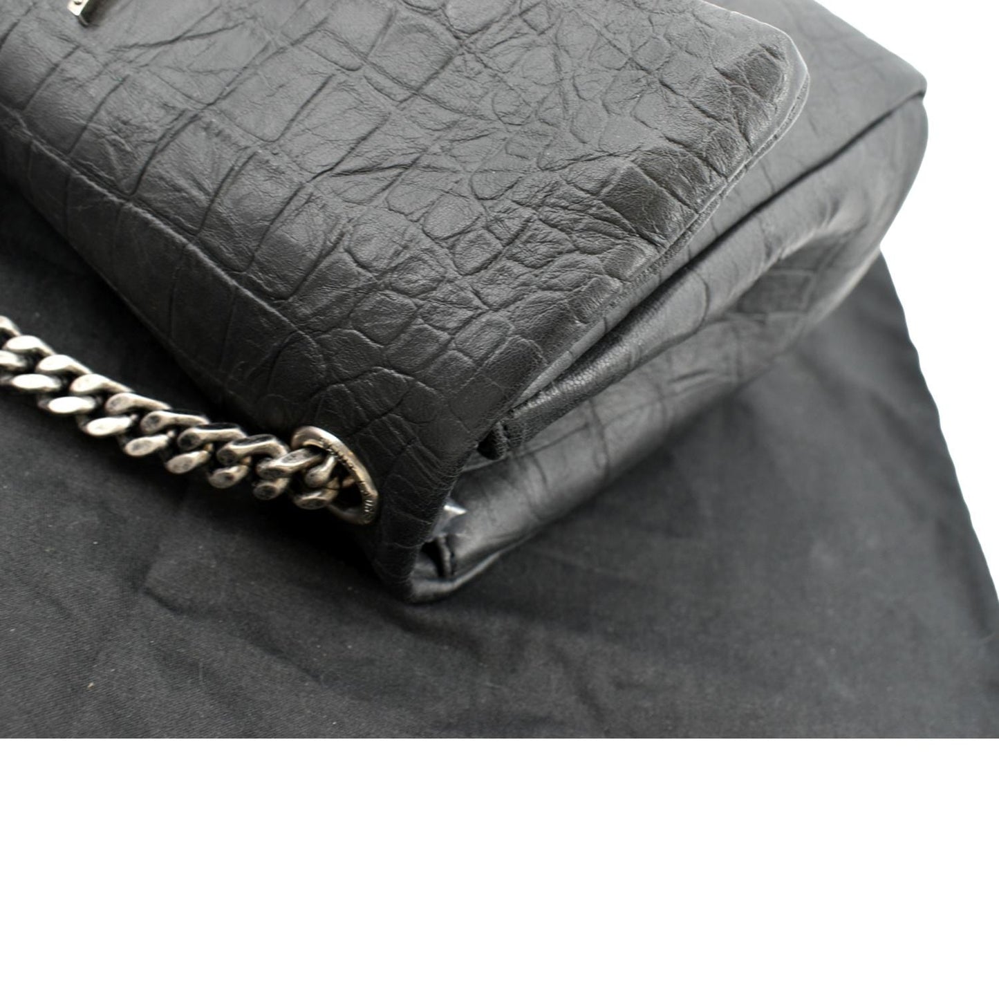 YVES SAINT LAURENT West Hollywood Fold-Over Croc Embossed Crossbody Bag Black