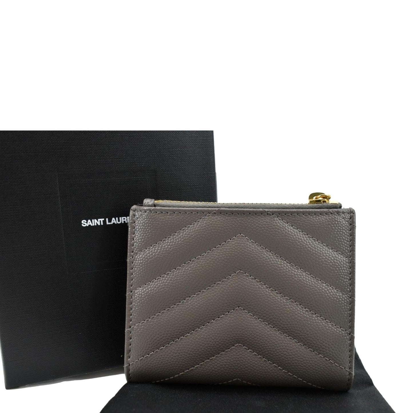 YVES SAINT LAURENT Monogram Compact Leather Zip Wallet Grey