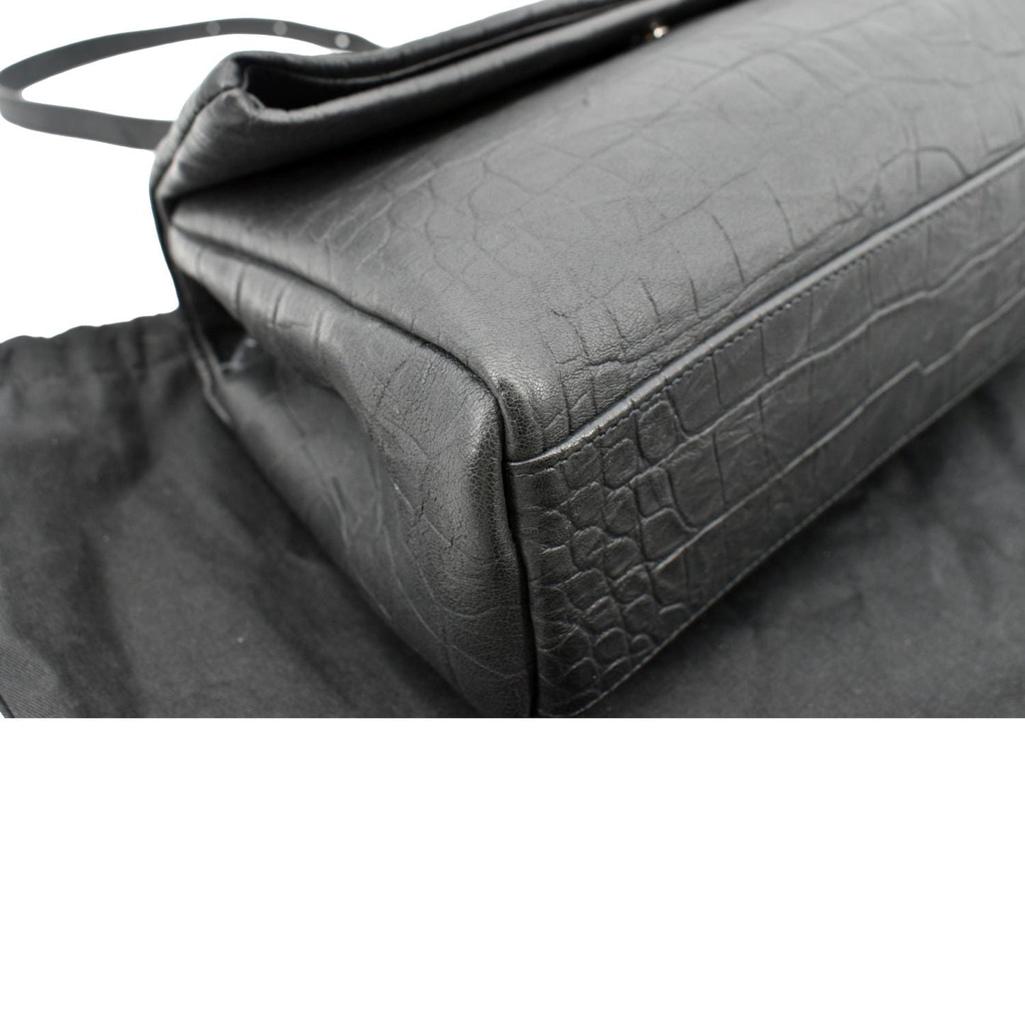 YVES SAINT LAURENT West Hollywood Fold-Over Croc Embossed Crossbody Bag Black