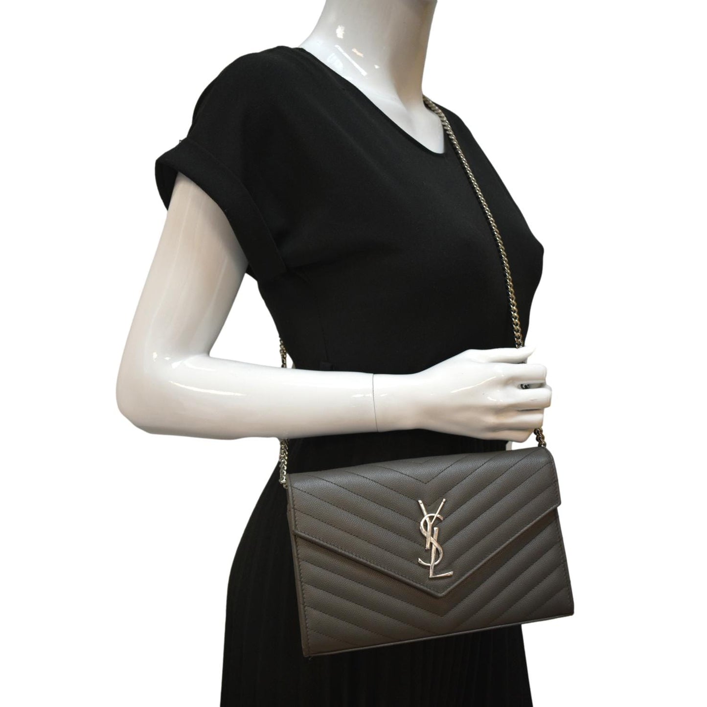 YVES SAINT LAURENT Cassandre Leather Chain Wallet Grey