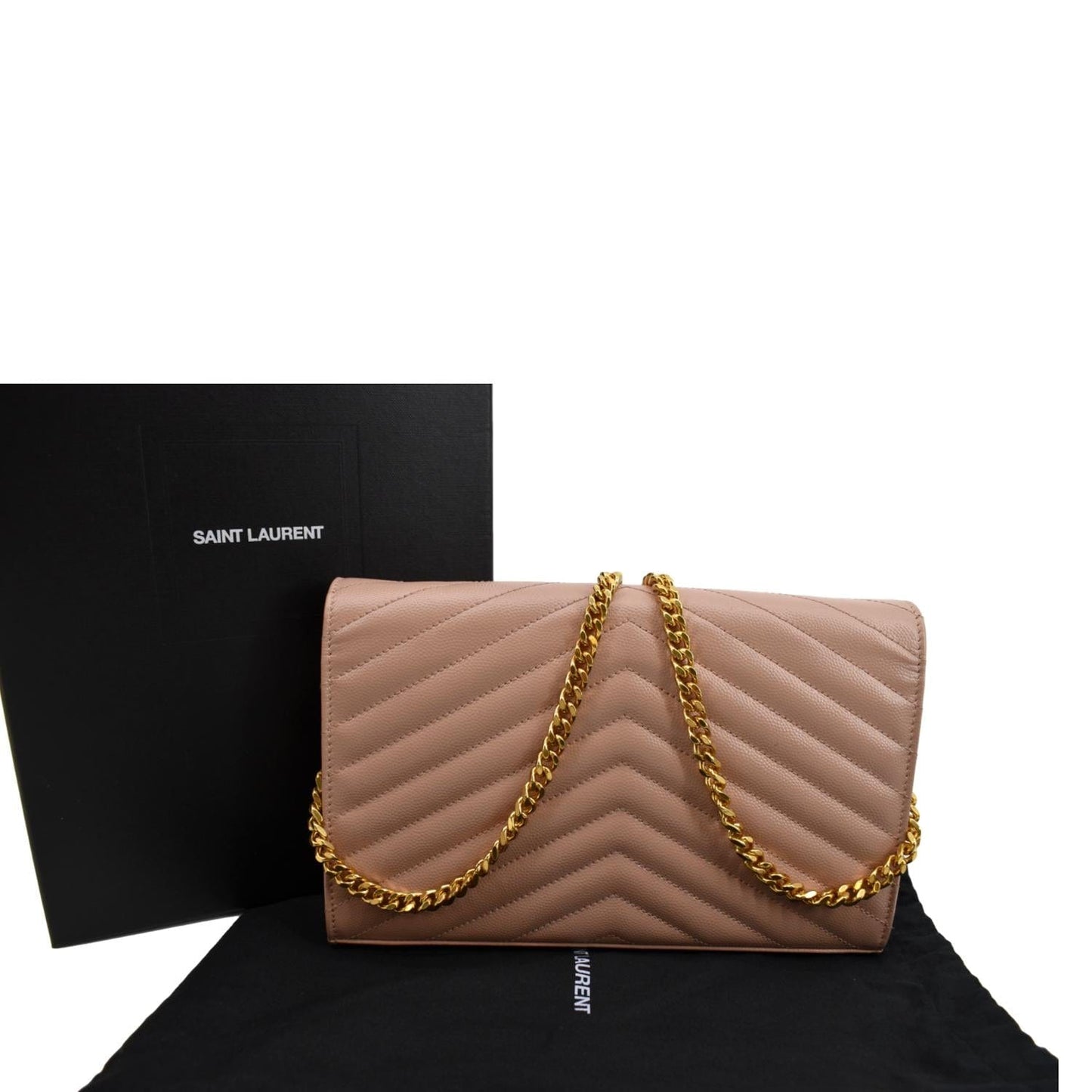 YVES SAINT LAURENT Matelasse Chevron Leather Envelope Chain Wallet Pink