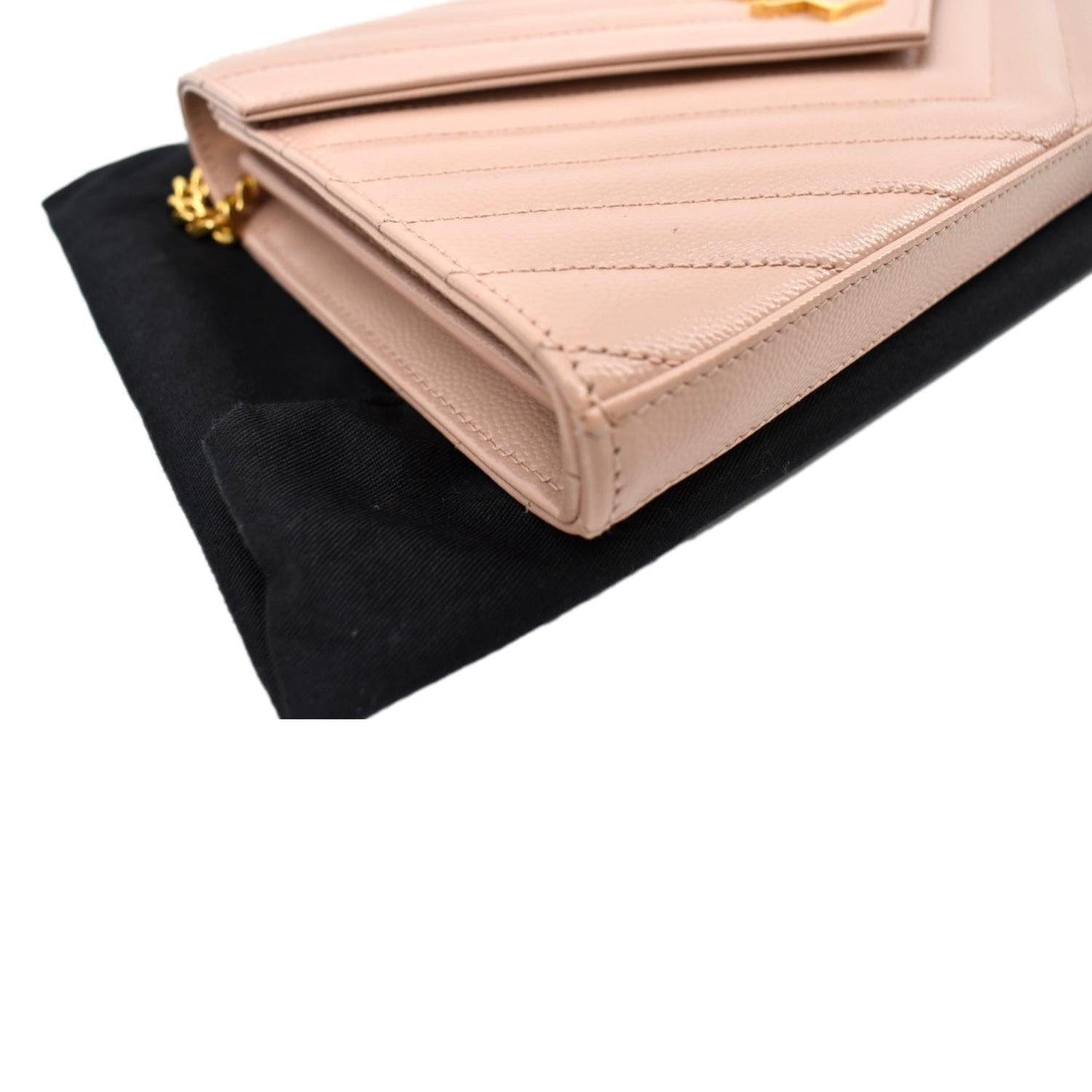 YVES SAINT LAURENT Matelasse Chevron Leather Envelope Chain Wallet Pink