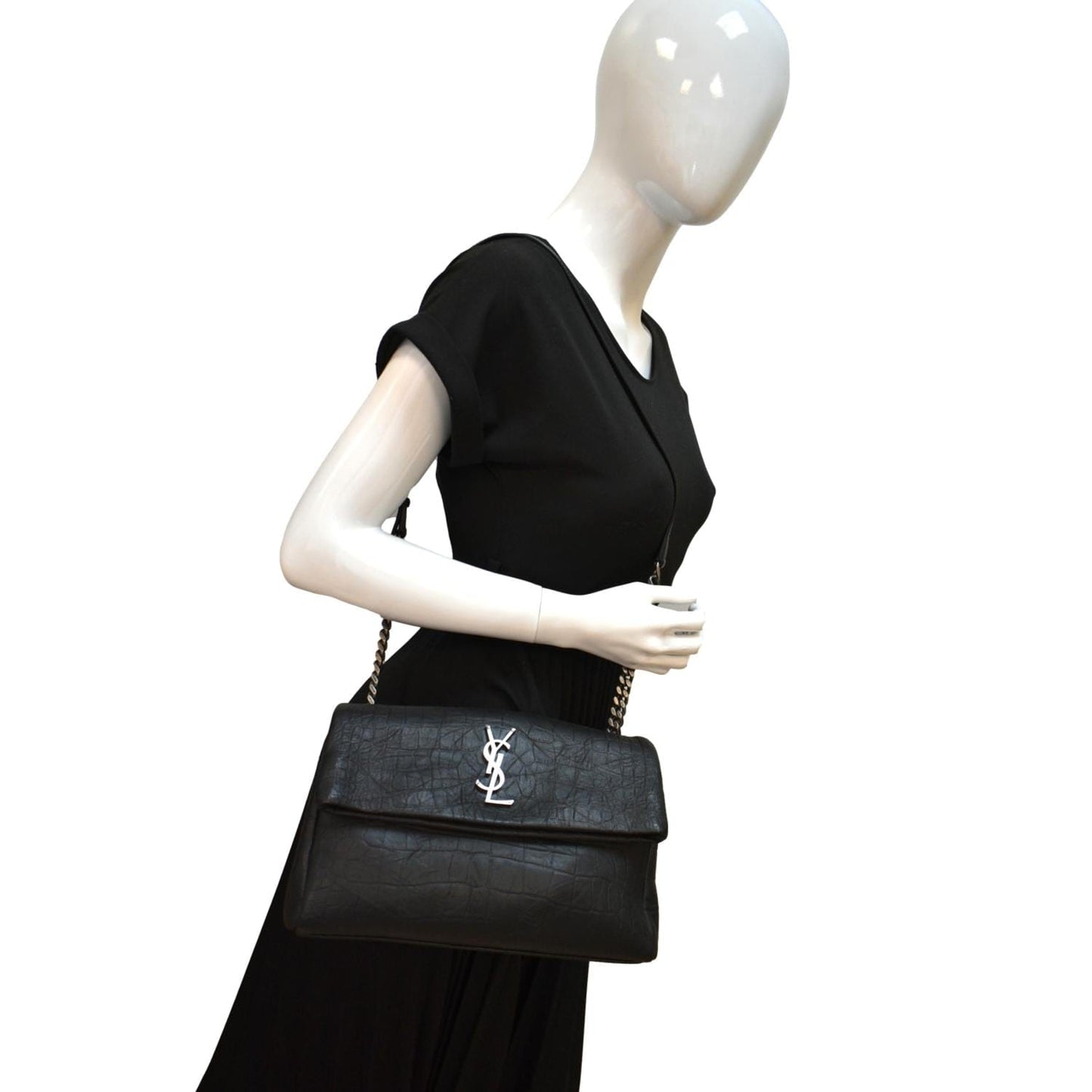 YVES SAINT LAURENT West Hollywood Fold-Over Croc Embossed Crossbody Bag Black