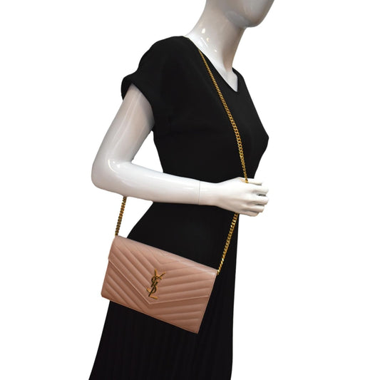 YVES SAINT LAURENT Matelasse Chevron Leather Envelope Chain Wallet Pink