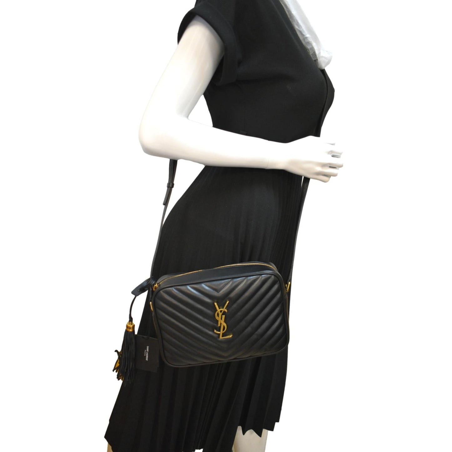 YVES SAINT LAURENT Lou Chevron Leather Camera Crossbody Bag Black